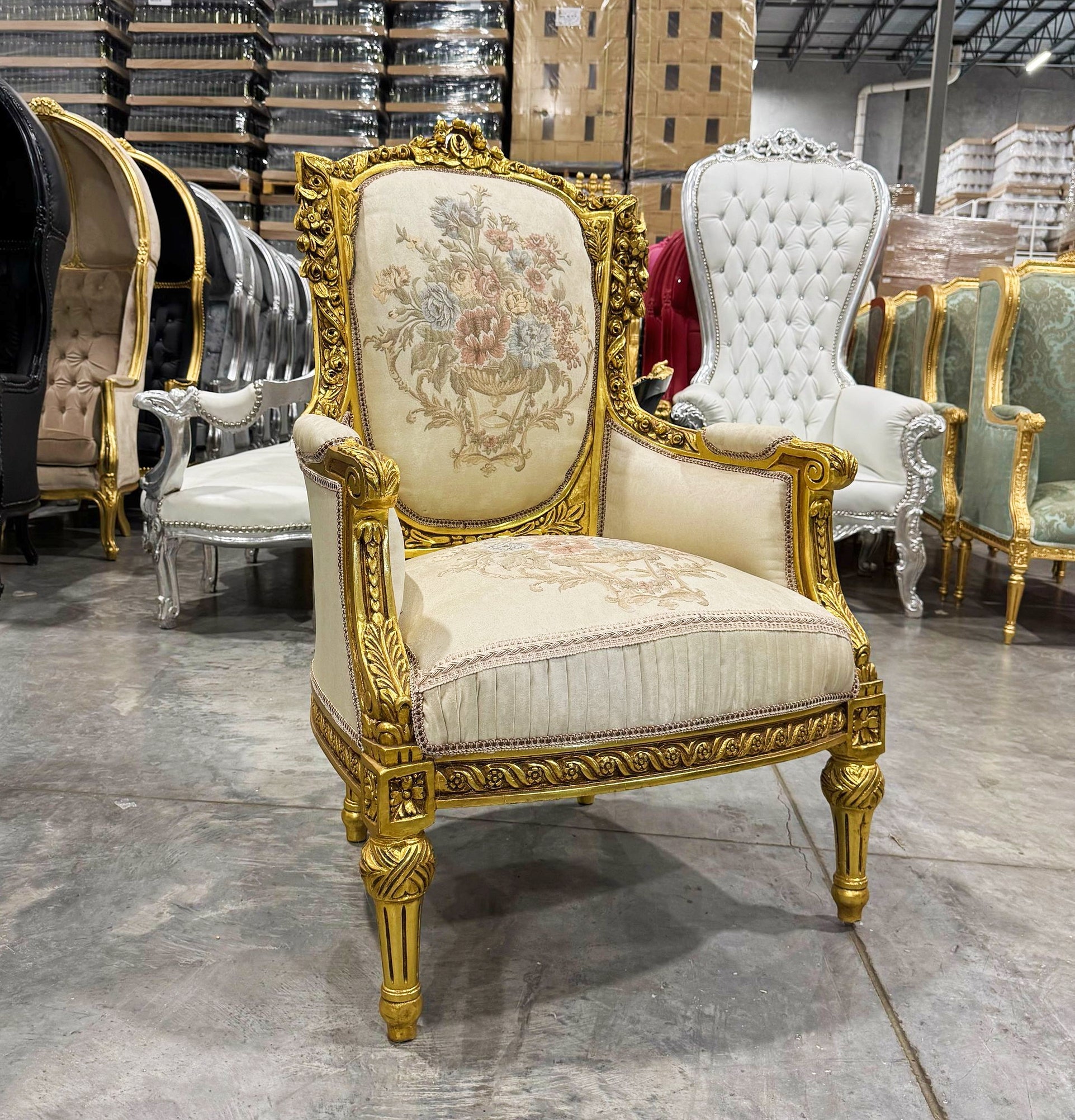 French Bergère Wingback Chair White Beige Upholstery Gold Trim Louis XV Style