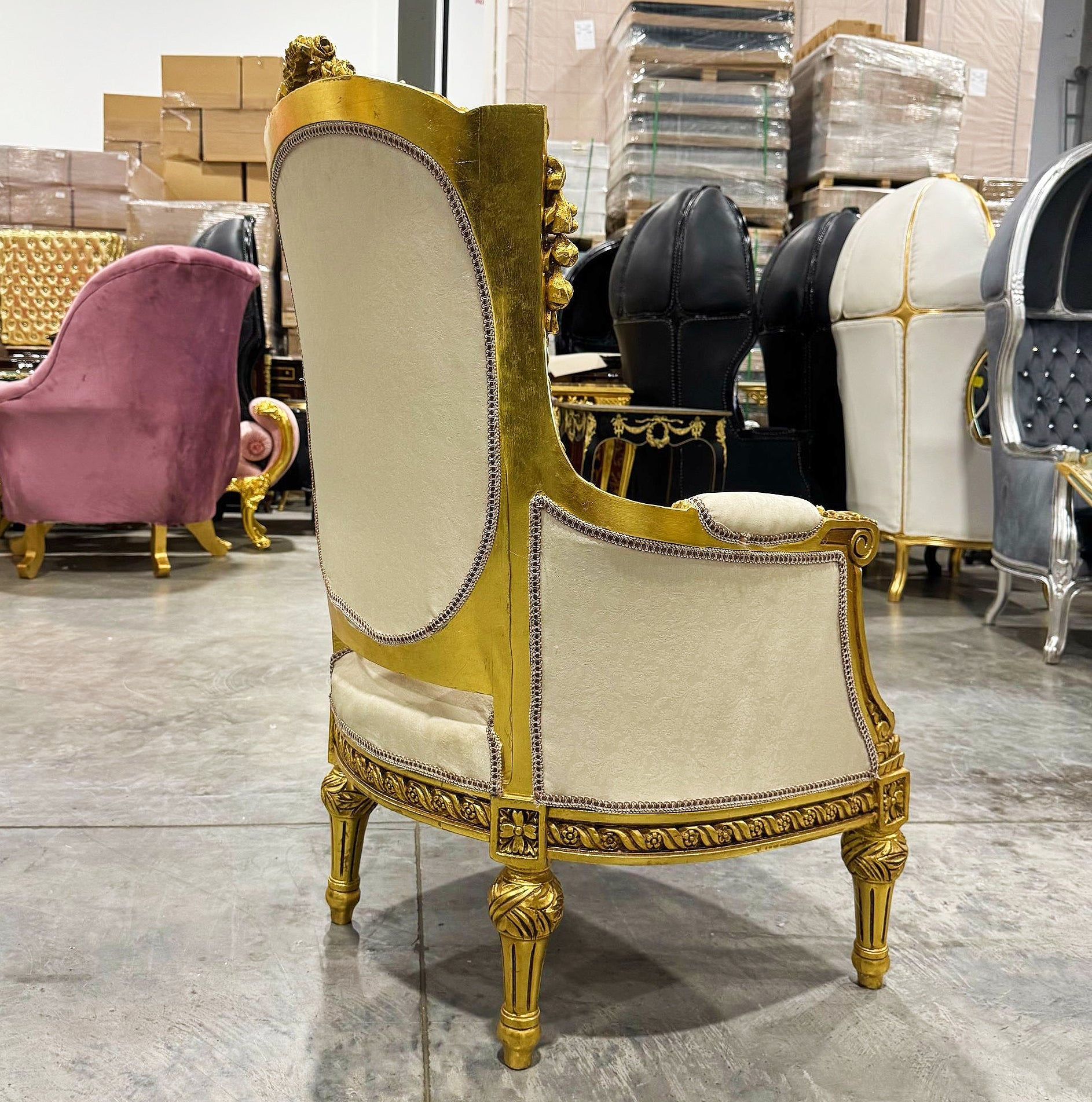 French Bergère Wingback Chair White Beige Upholstery Gold Trim Louis XV Style