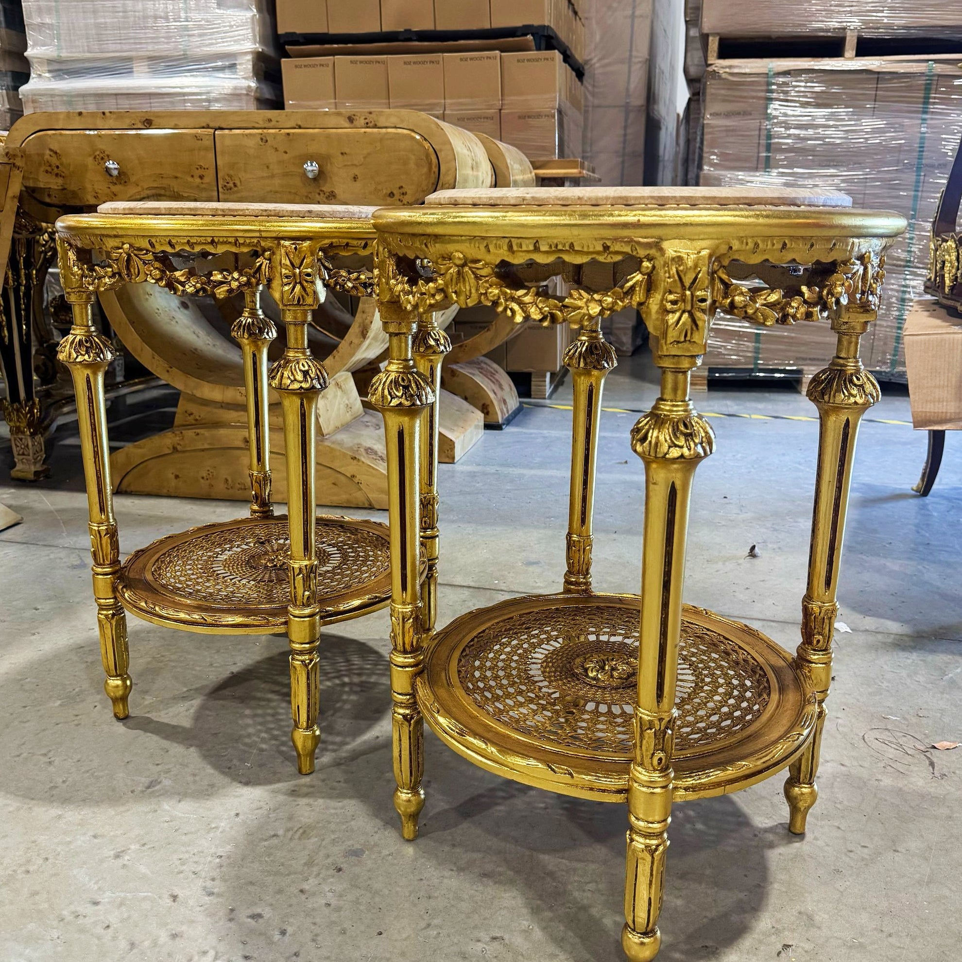 Side Table Beige Marble Topped French Style Gold Leaf Details Home Decor