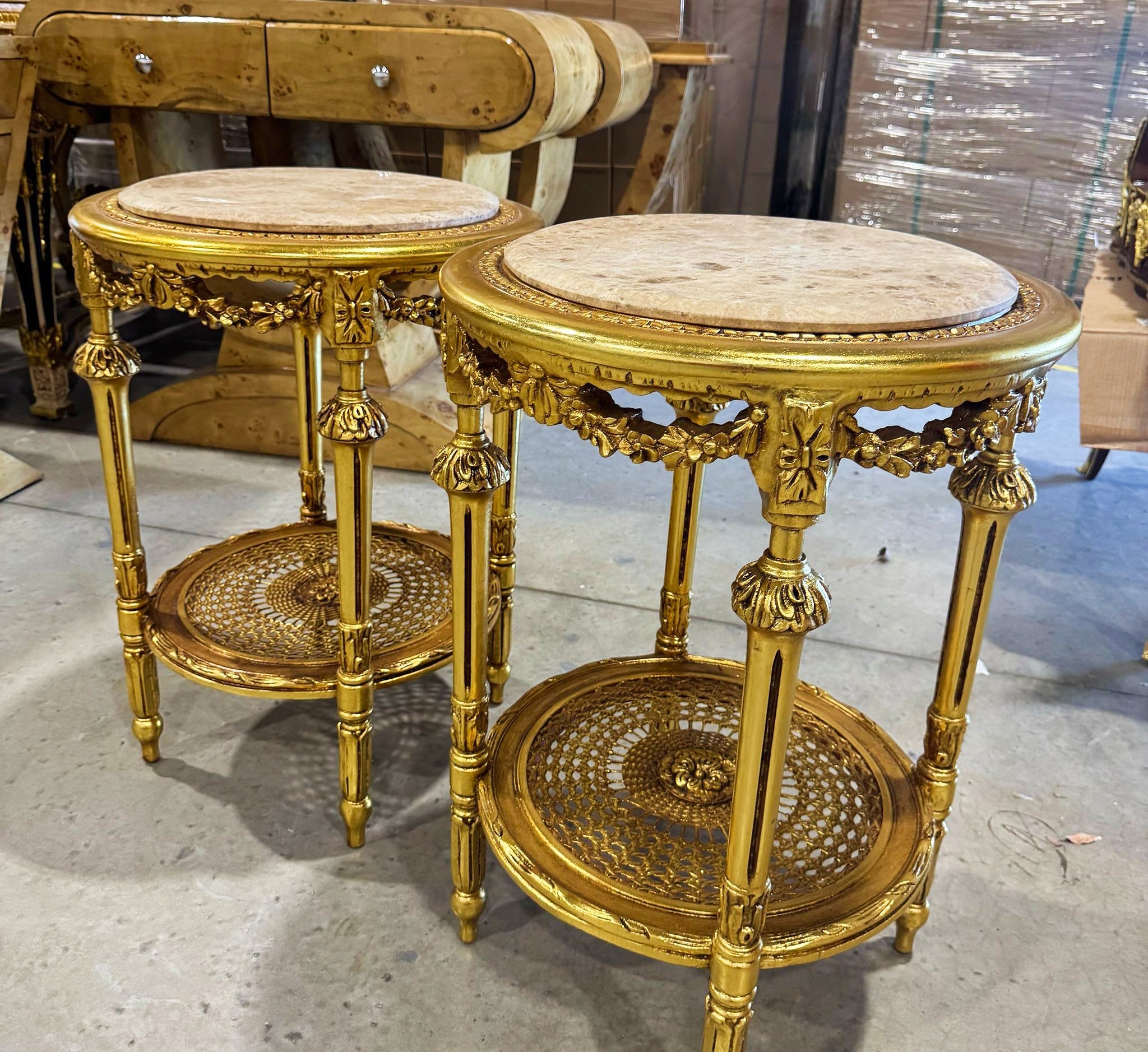 Side Table Beige Marble Topped French Style Gold Leaf Details Home Decor