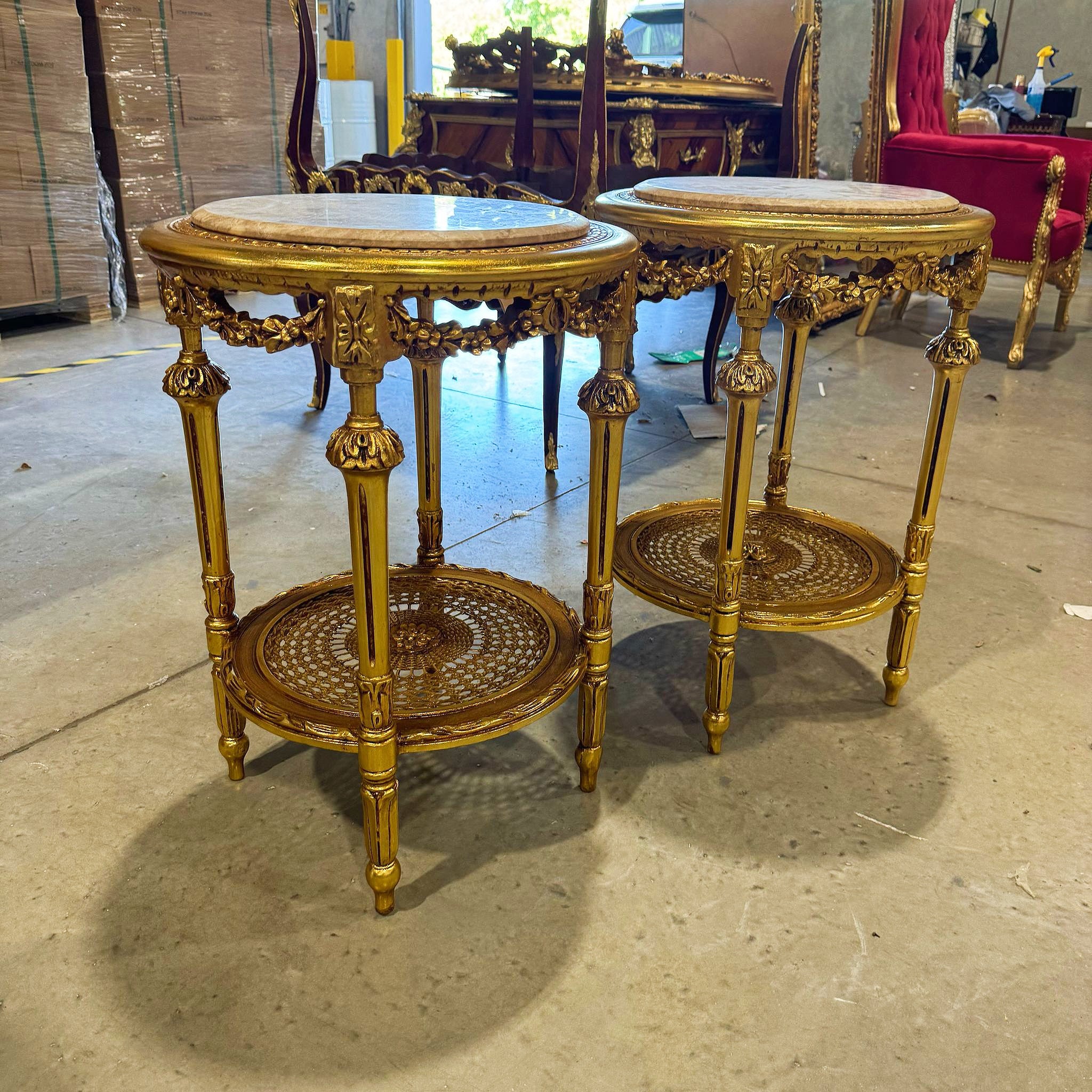 Side Table Beige Marble Topped French Style Gold Leaf Details Home Decor
