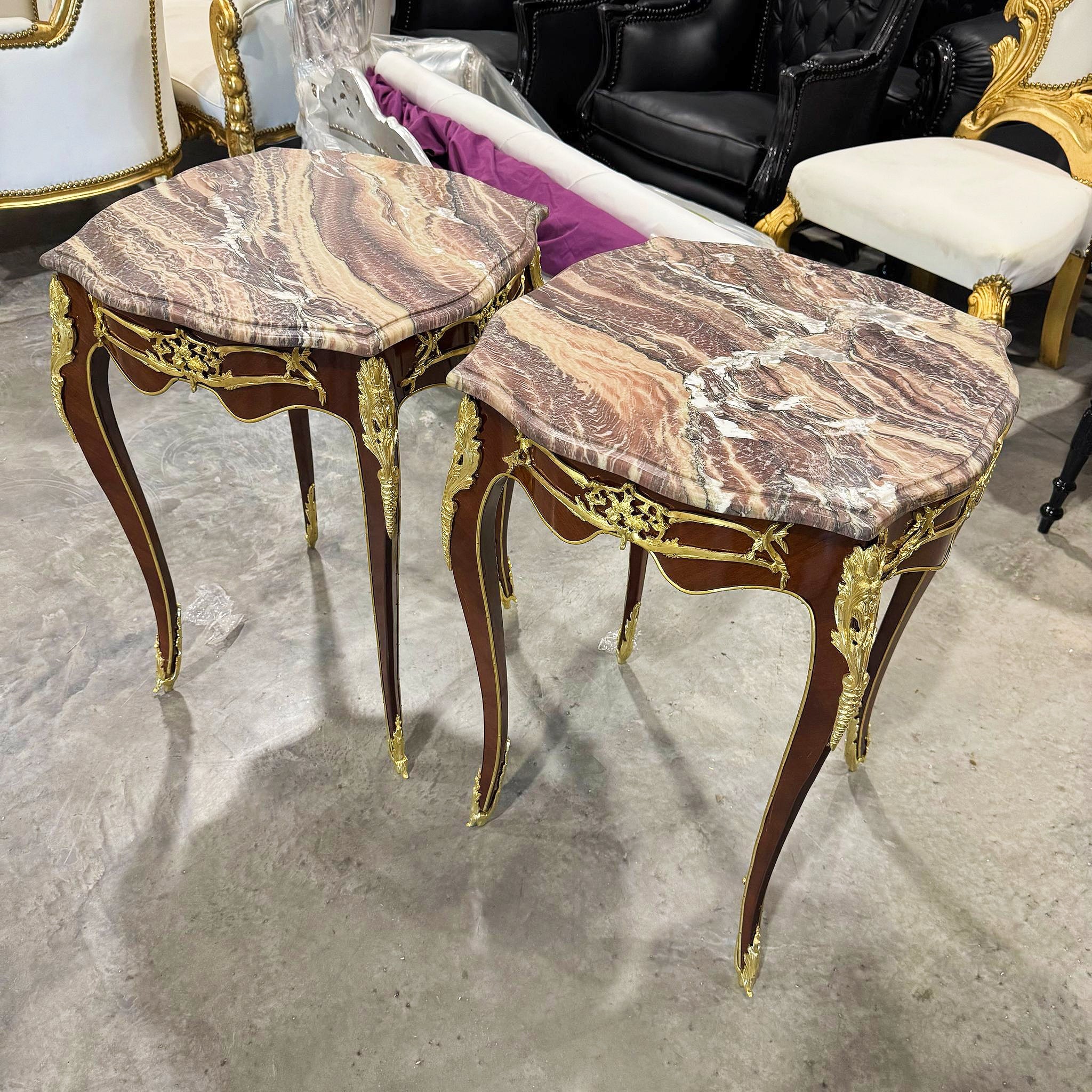Side Table Marble Topped French Style Walnut Wood Louis XVI