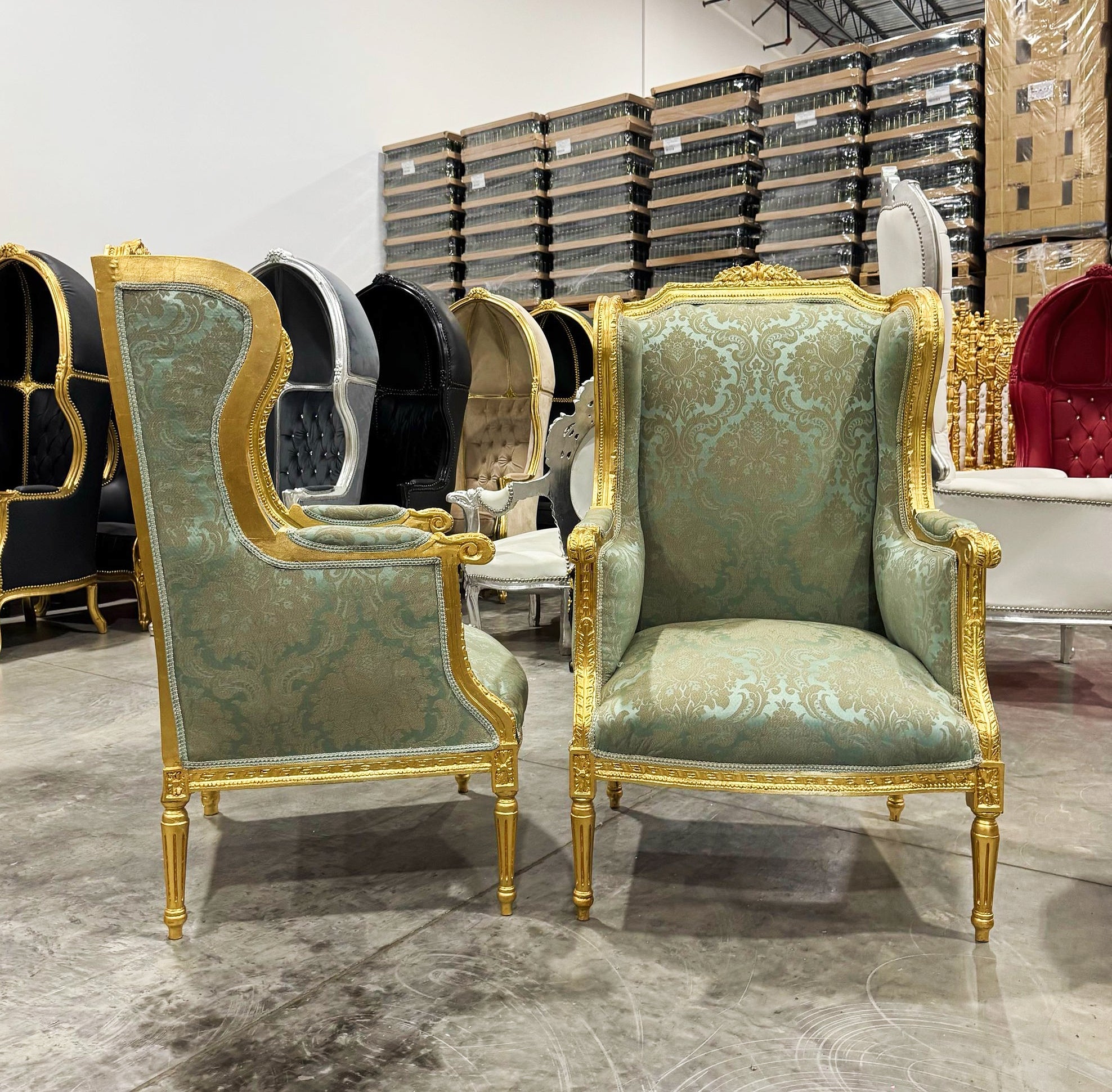 Green Bergere Wing Chair with Gold Details French Louis XV Style