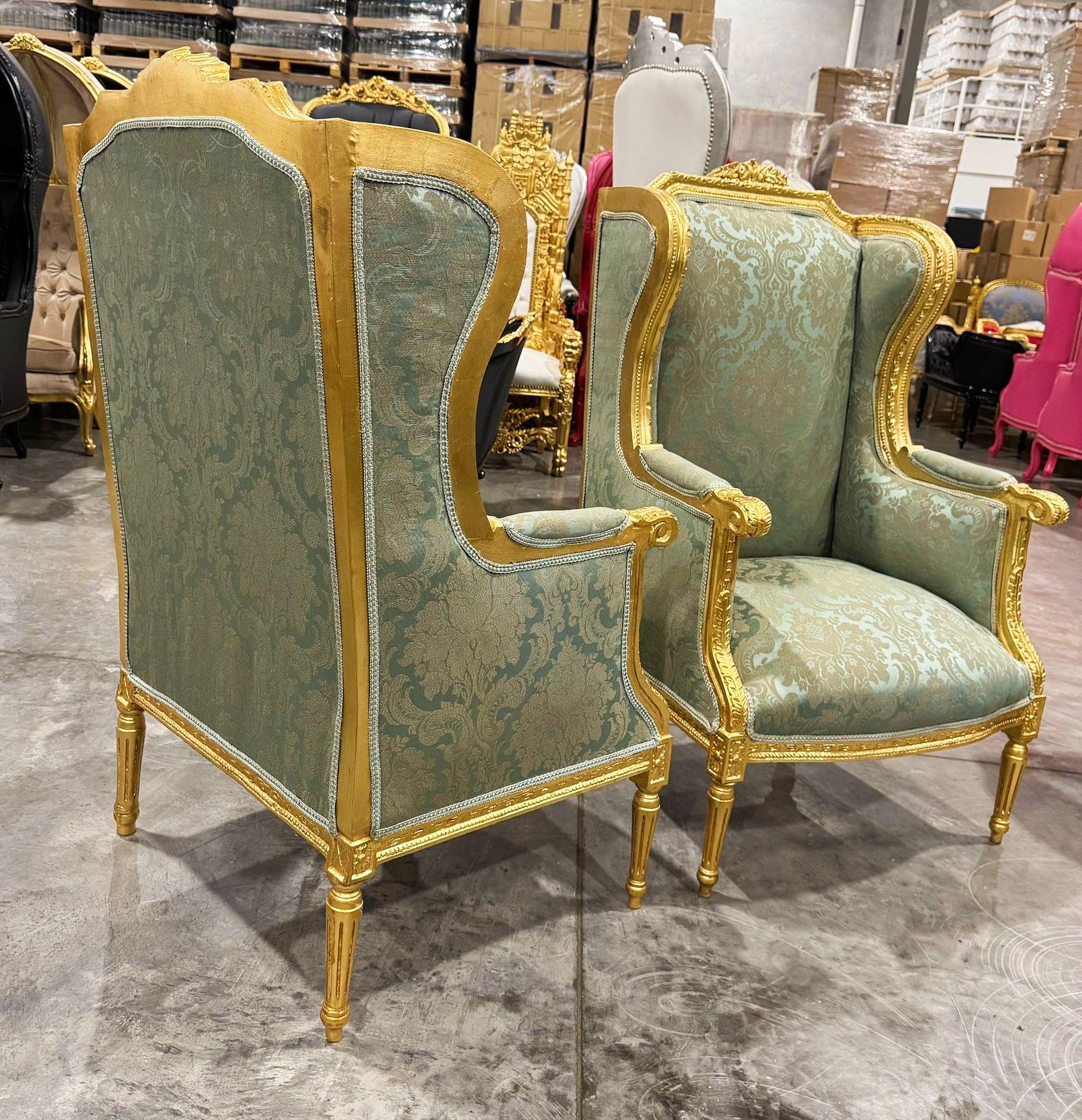French Louis XV Style Green Bergère Wing Chair with Gold Leaf Details