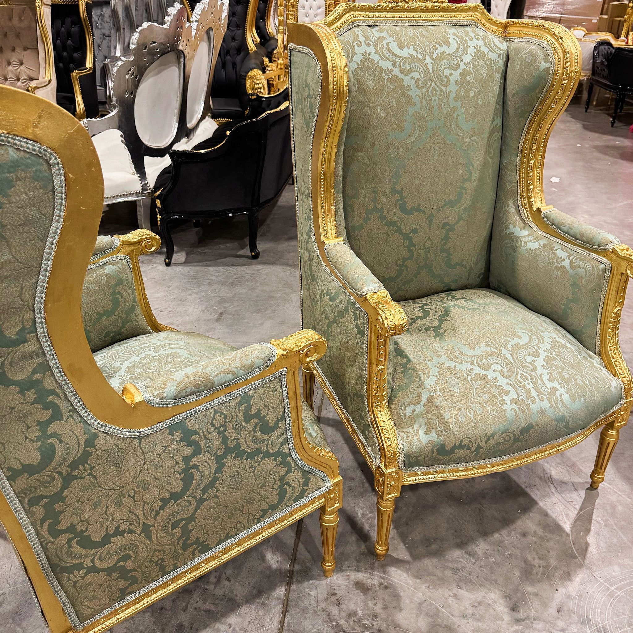 French Louis XV Style Green Bergère Wing Chair with Gold Leaf Details
