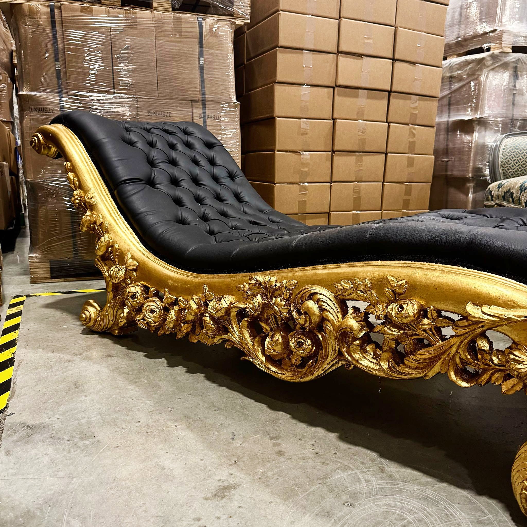 Chaise Lounge Leather Black Furniture Rococo Style Gold Details