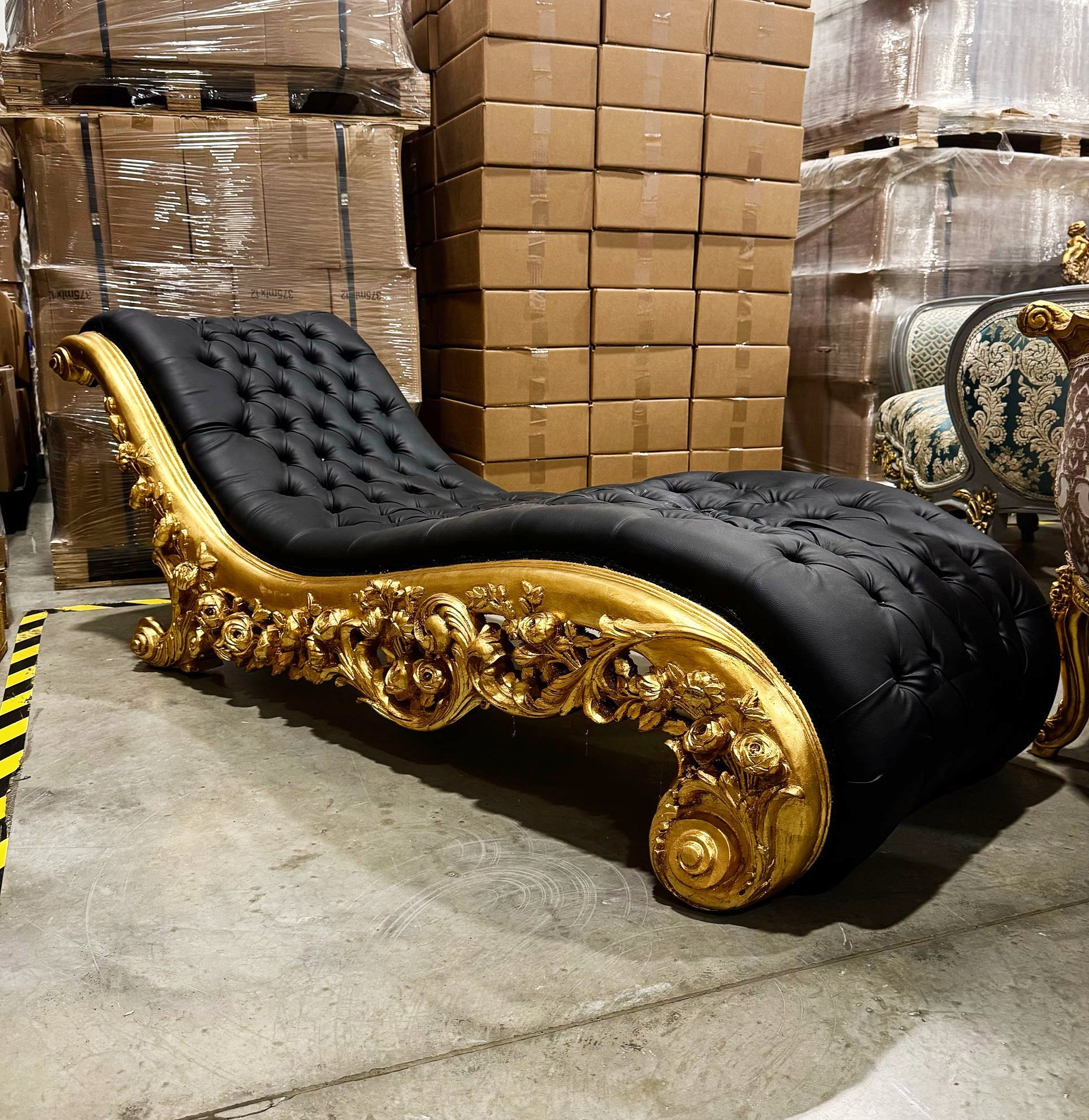 Chaise Lounge Leather Black Furniture Rococo Style Gold Details