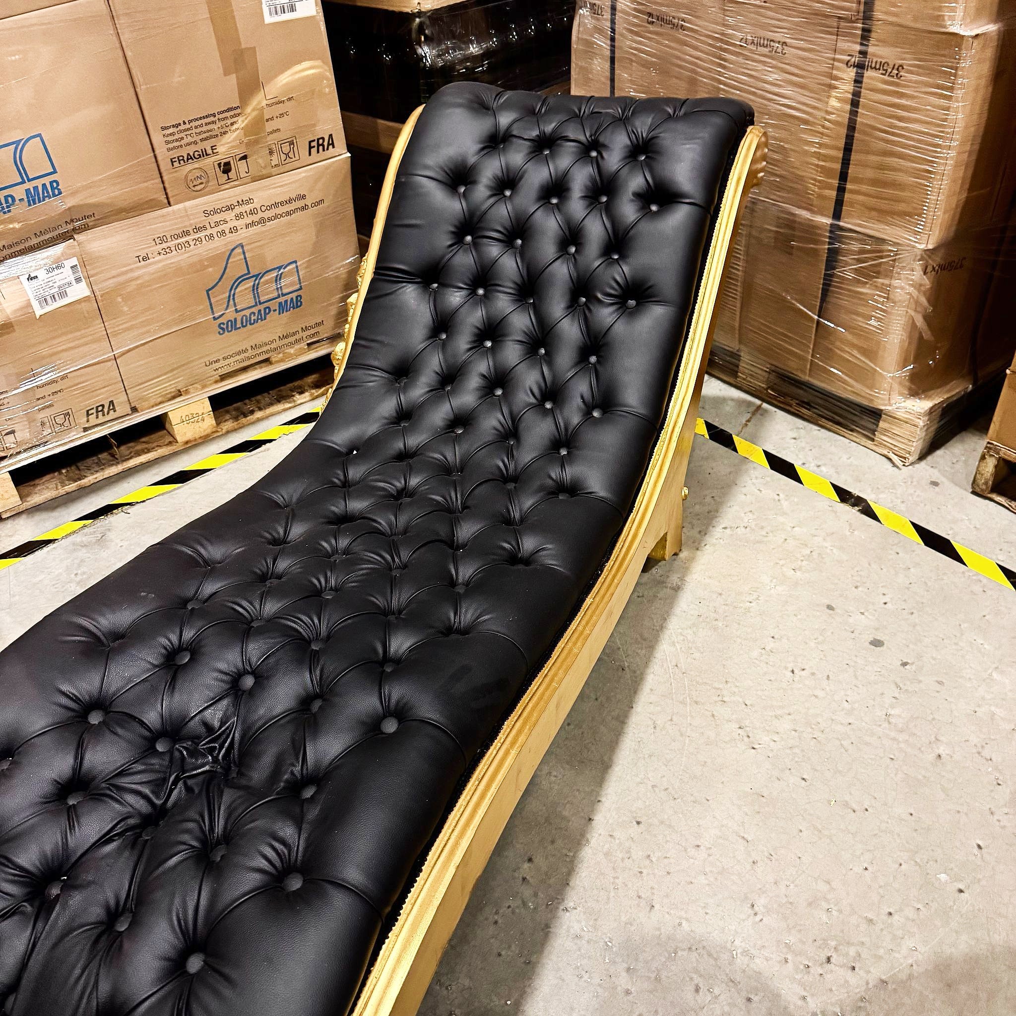 Chaise Lounge Leather Black Furniture Rococo Style Gold Details
