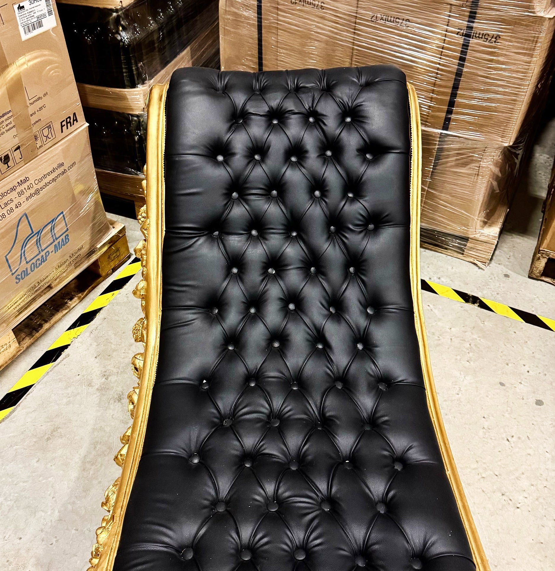 Chaise Lounge Leather Black Furniture Rococo Style Gold Details
