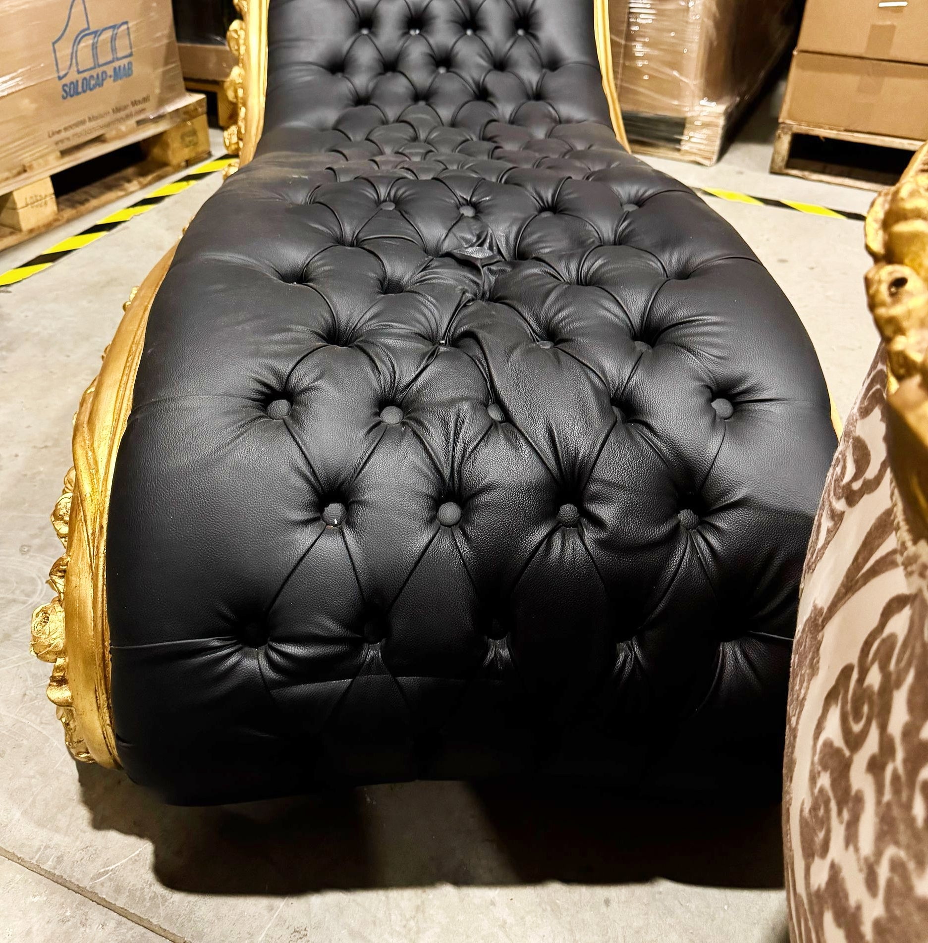 Chaise Lounge Leather Black Furniture Rococo Style Gold Details