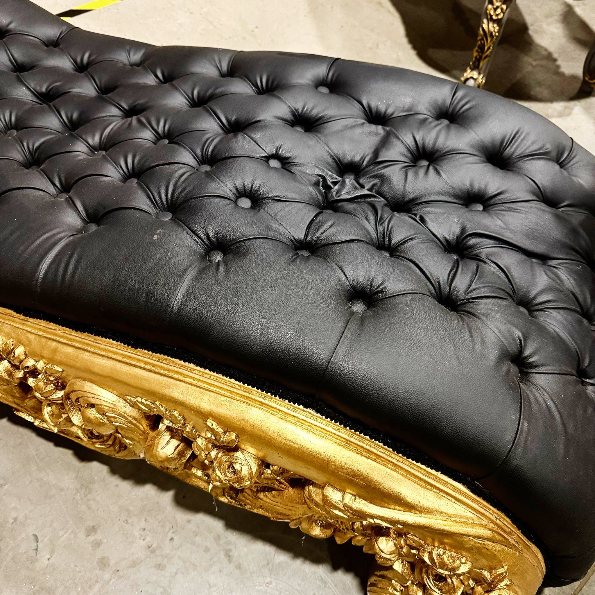 Chaise Lounge Leather Black Furniture Rococo Style Gold Details
