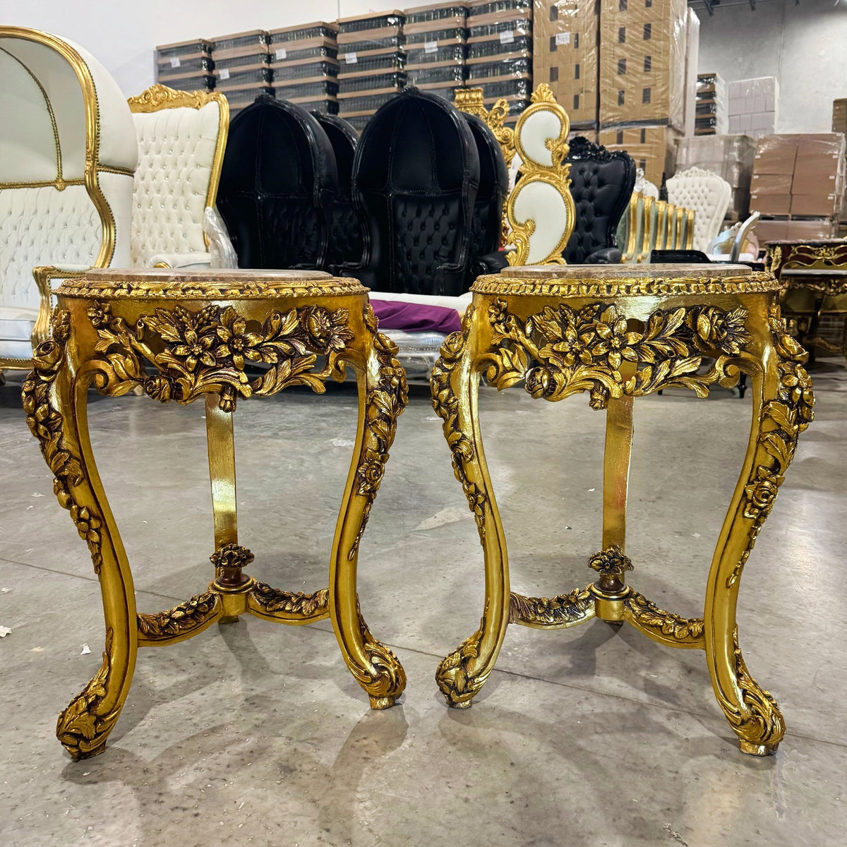 French-Style Gilded Side Table – Beige Marble Top with Gold Leaf Floral Details