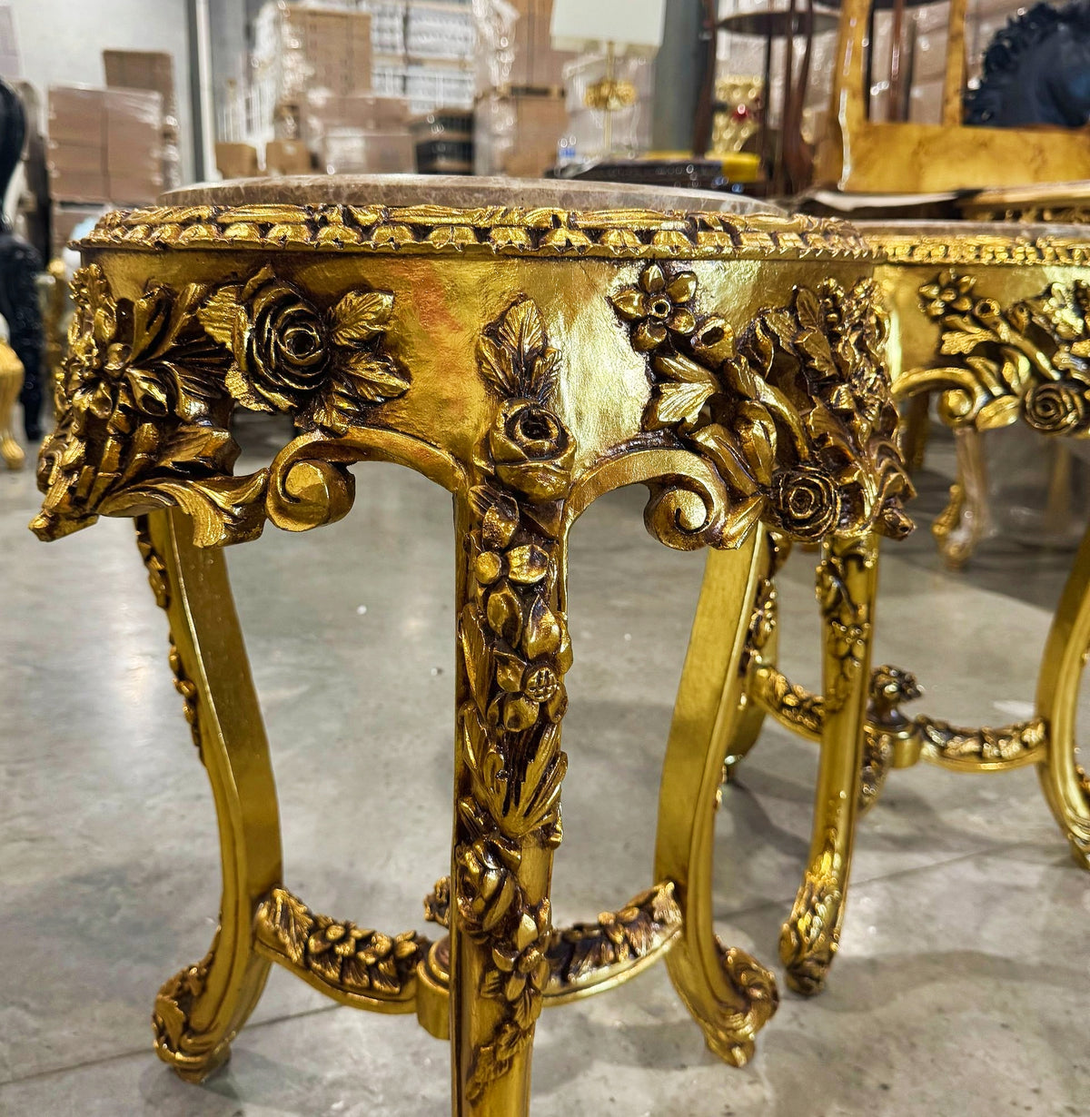 French-Style Gilded Side Table – Beige Marble Top with Gold Leaf Floral Details