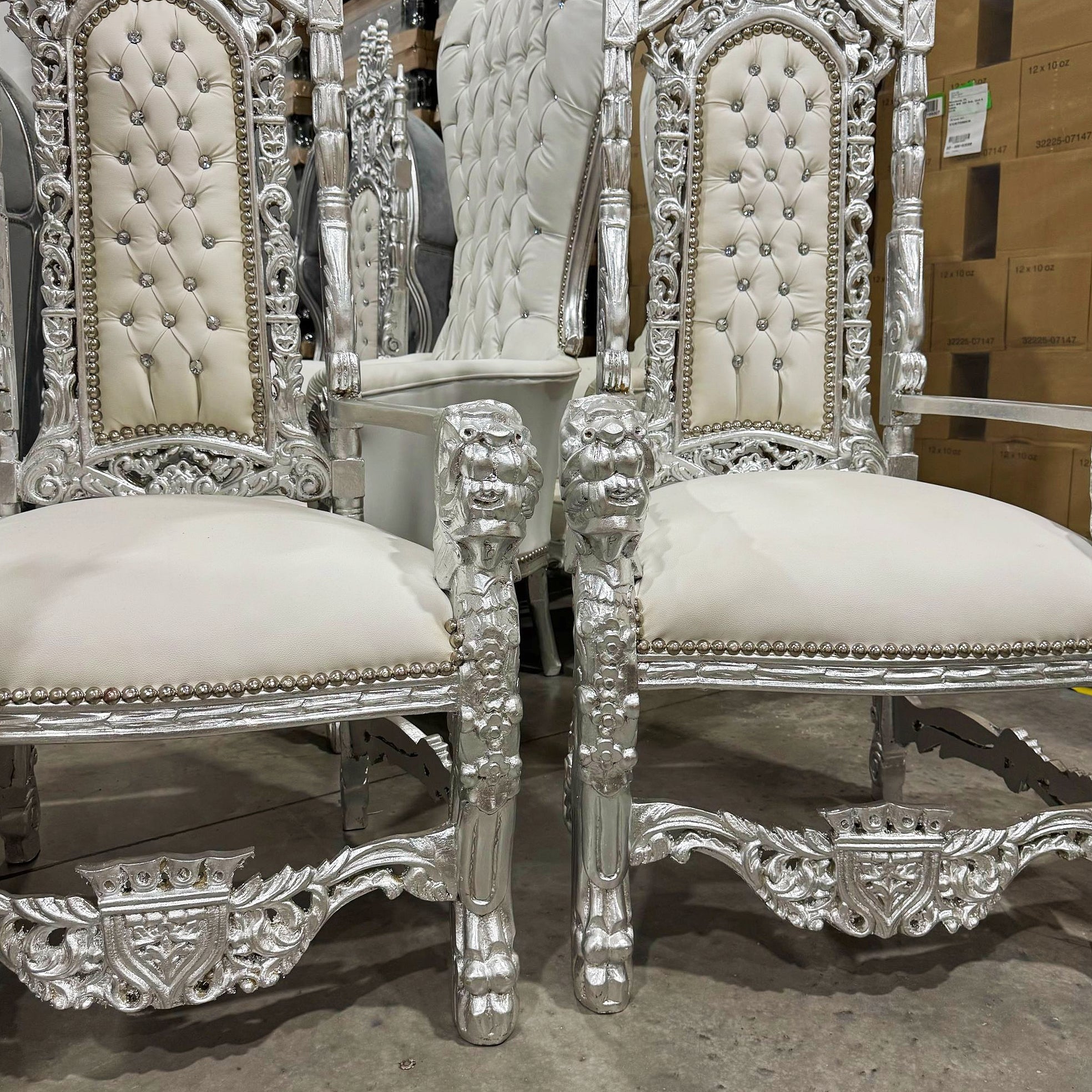 King Throne Chair with White Leather Silver Leaf Details French Medieval Style