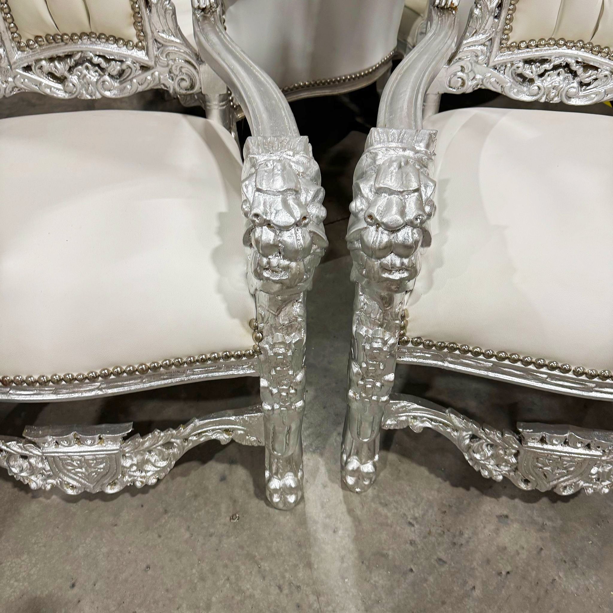 King Throne Chair with White Leather Silver Leaf Details French Medieval Style