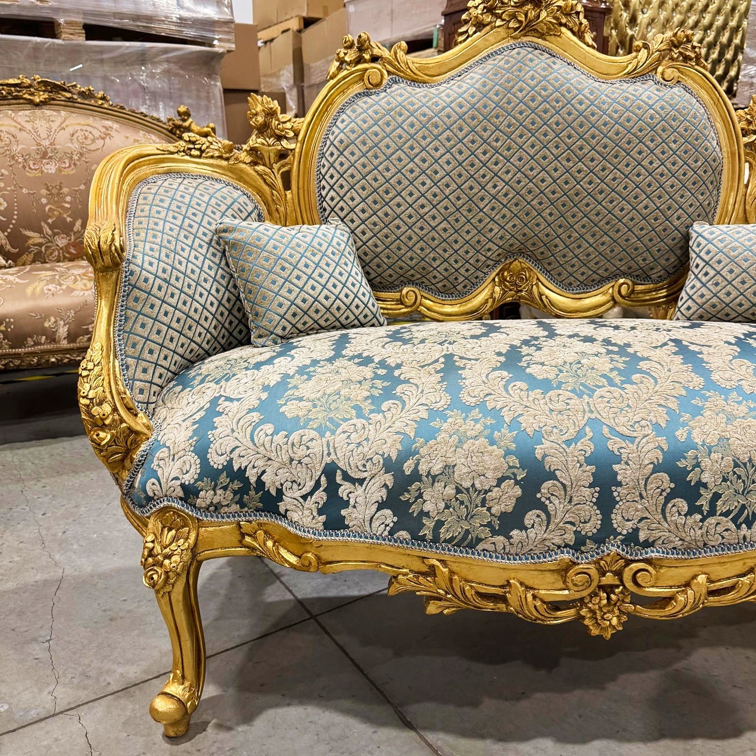 French Style Blue Damask Sofa Wedding Sofa Gold Leaf Details