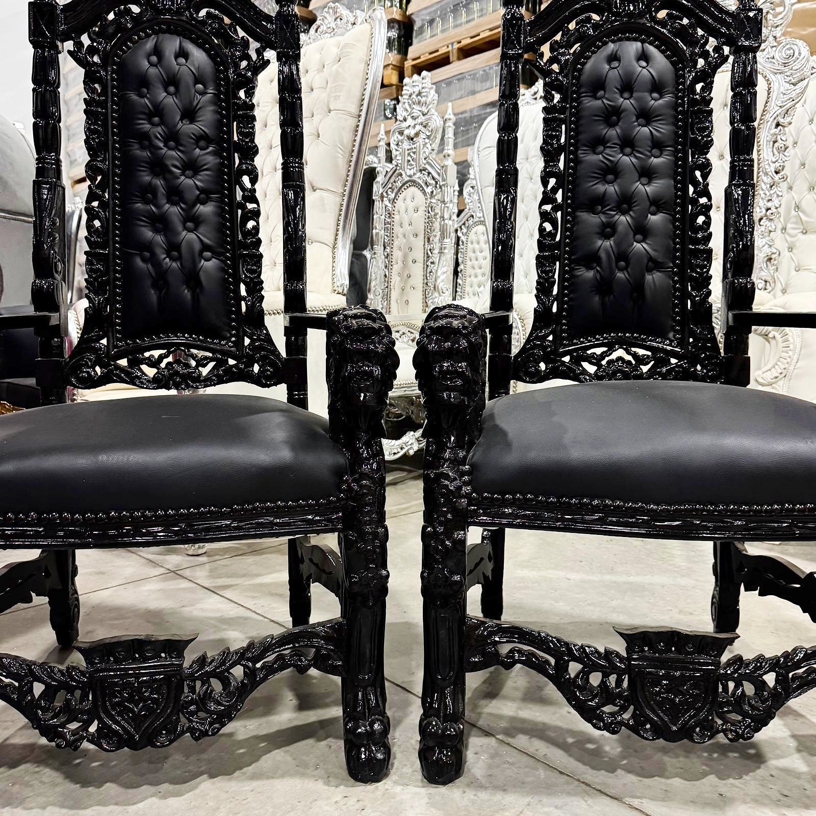 French Medieval Style Black King Throne Chair with Black Leather and Details