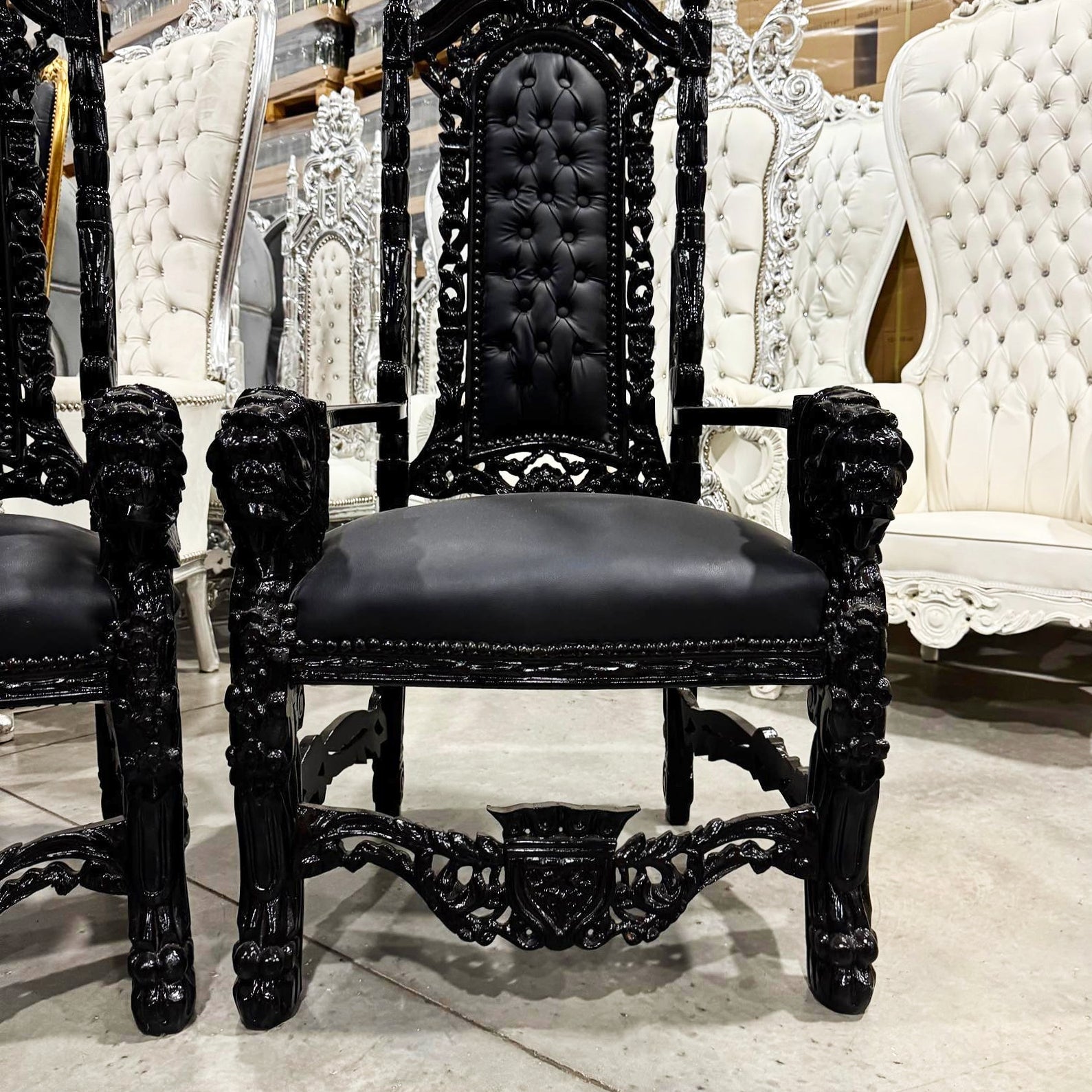 French Medieval Style Black King Throne Chair with Black Leather and Details