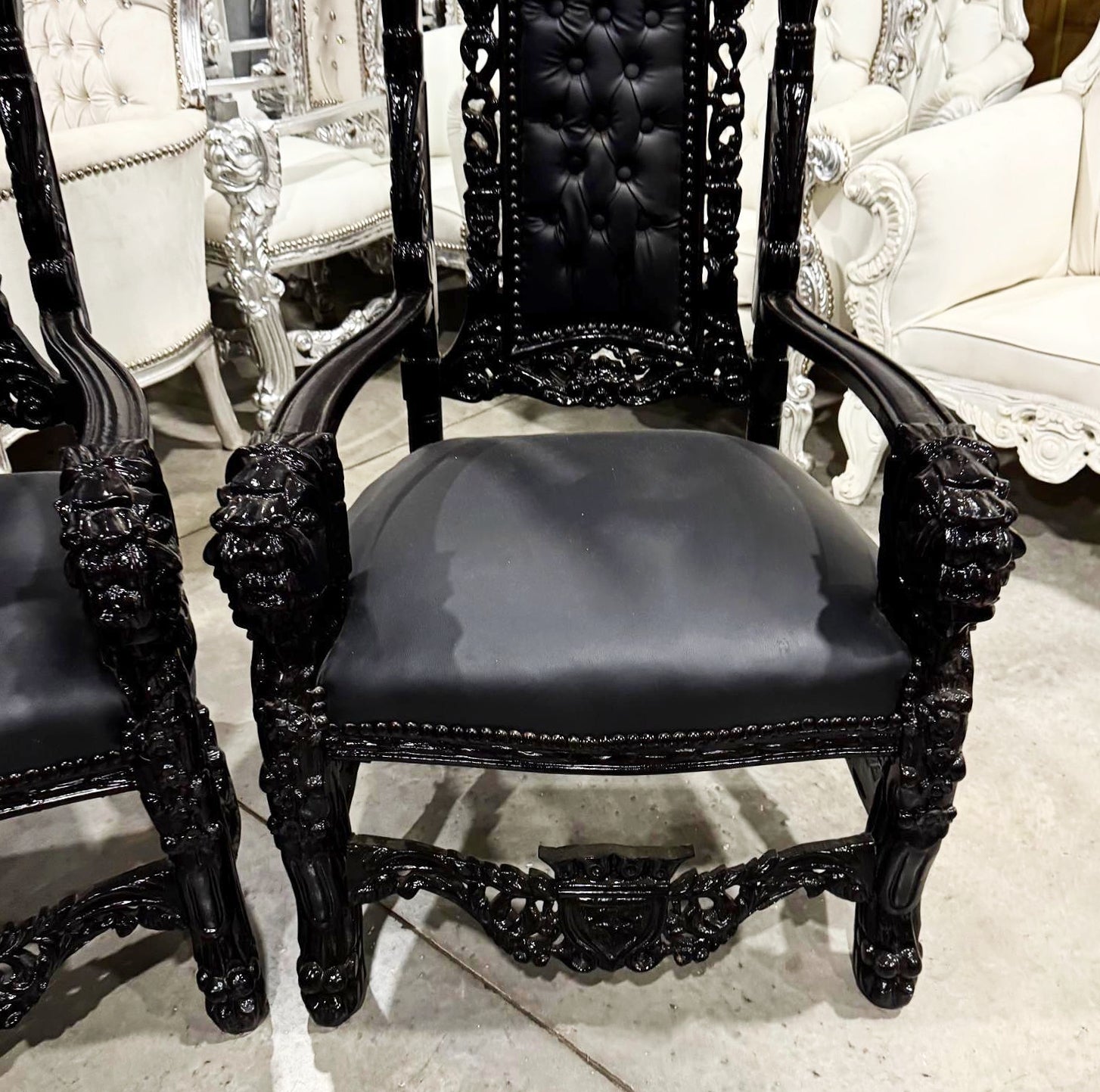 French Medieval Style Black King Throne Chair with Black Leather and Details