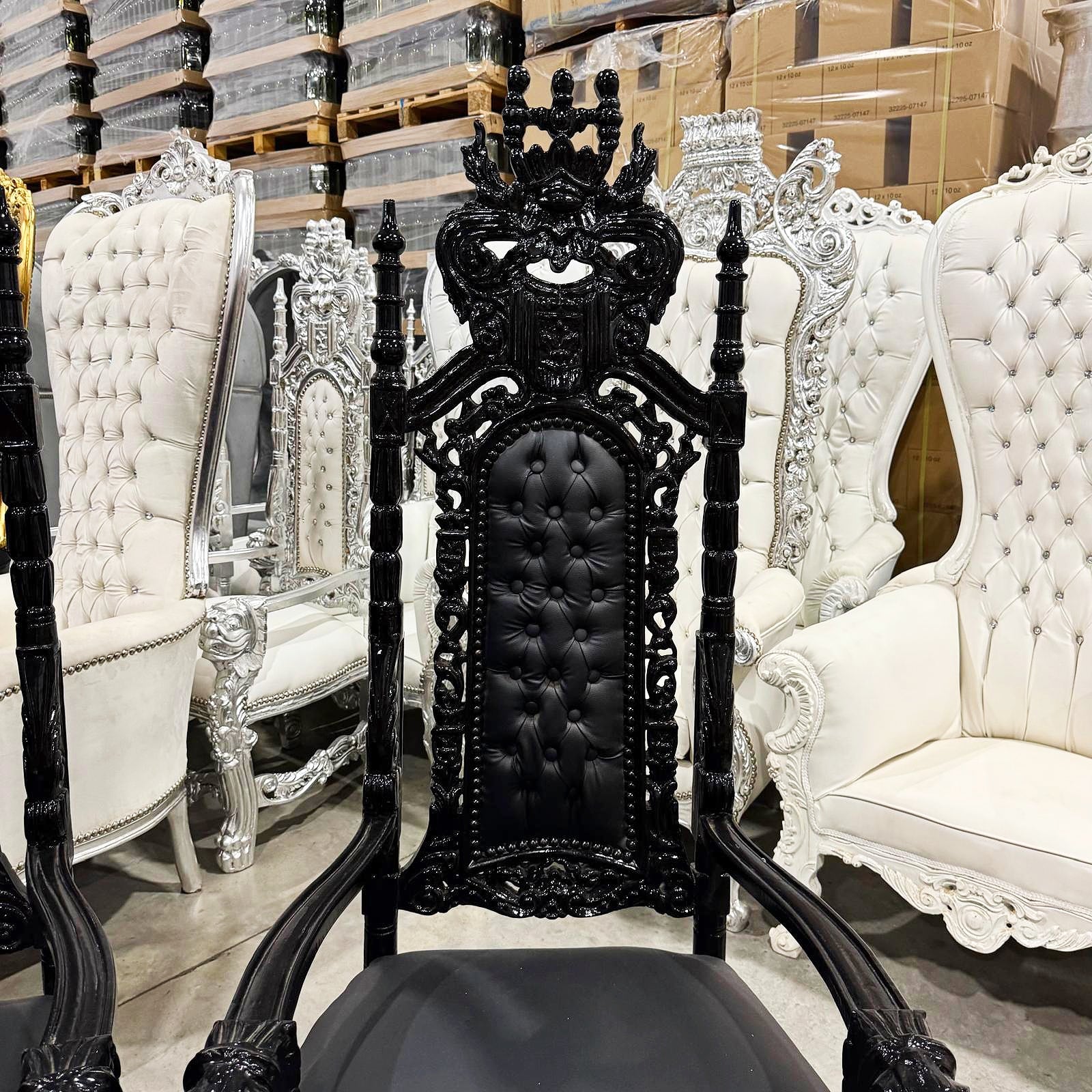 French Medieval Style Black King Throne Chair with Black Leather and Details