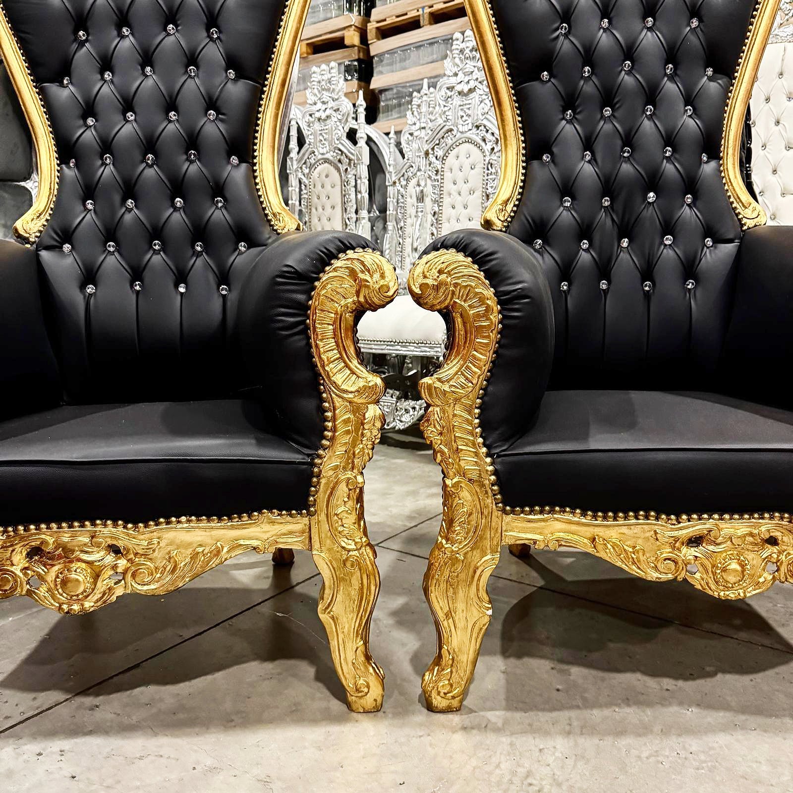 Throne Chair French Style Black Leather High-Back Tufted Gold Throne