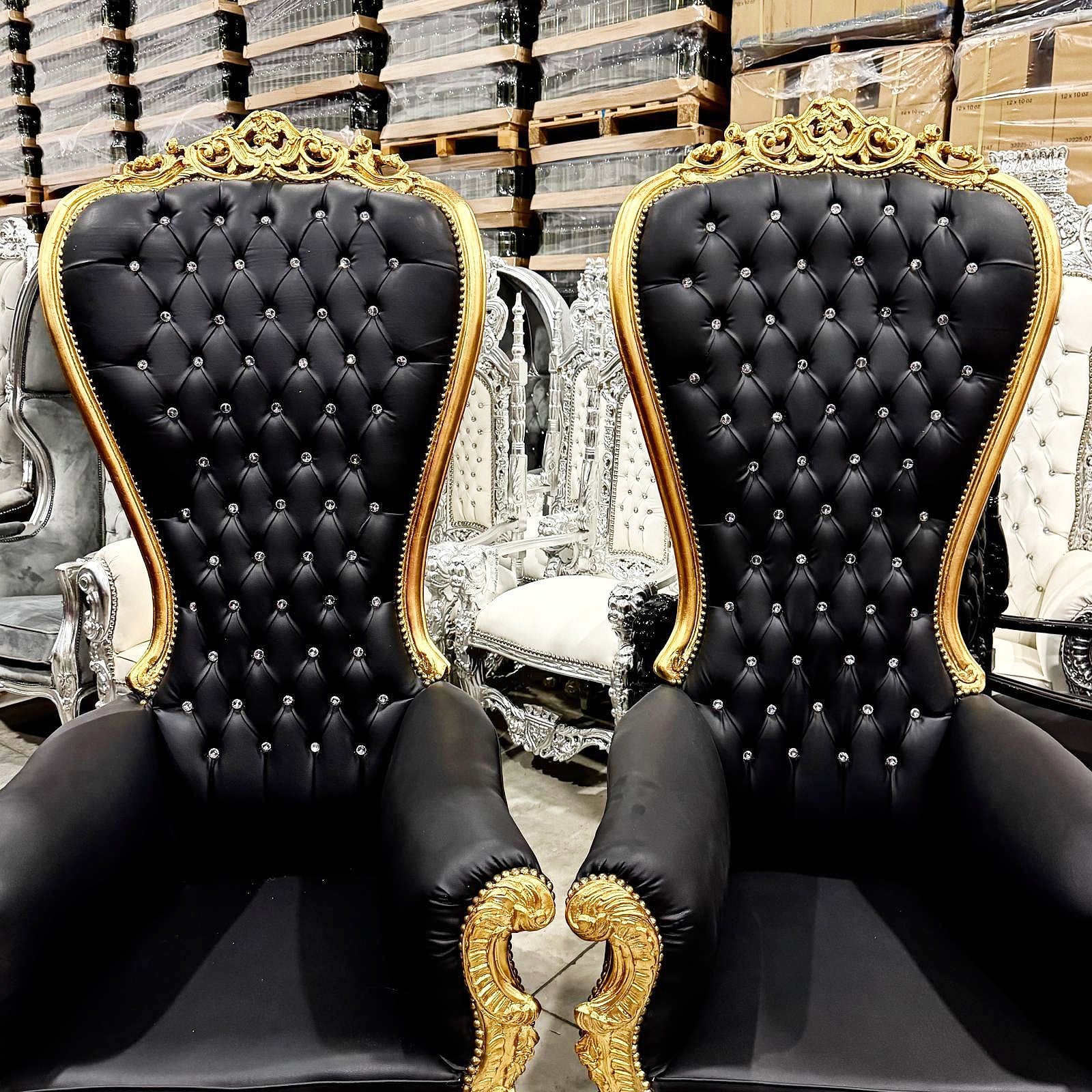 Throne Chair French Style Black Leather High-Back Tufted Gold Throne