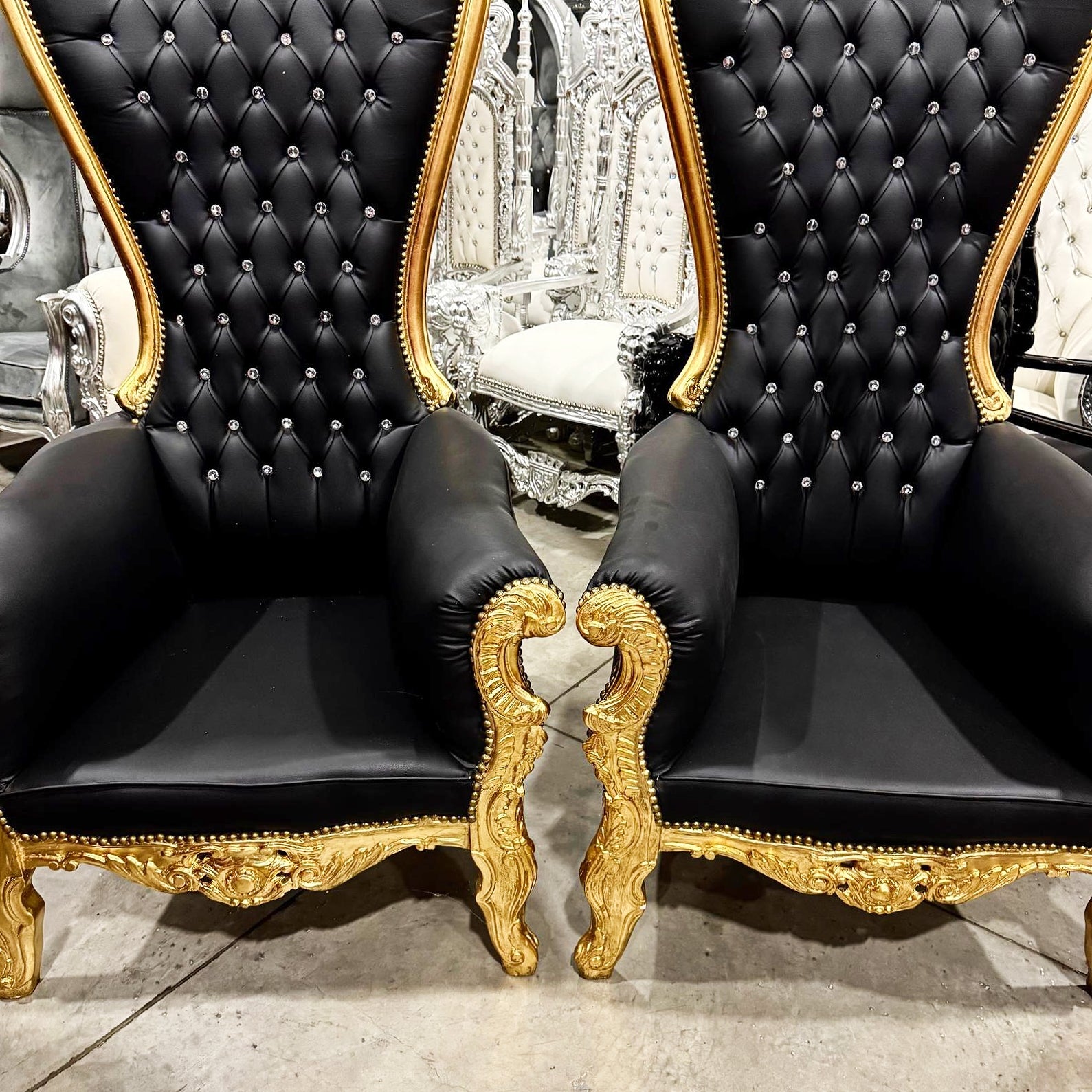 Throne Chair French Style Black Leather High-Back Tufted Gold Throne