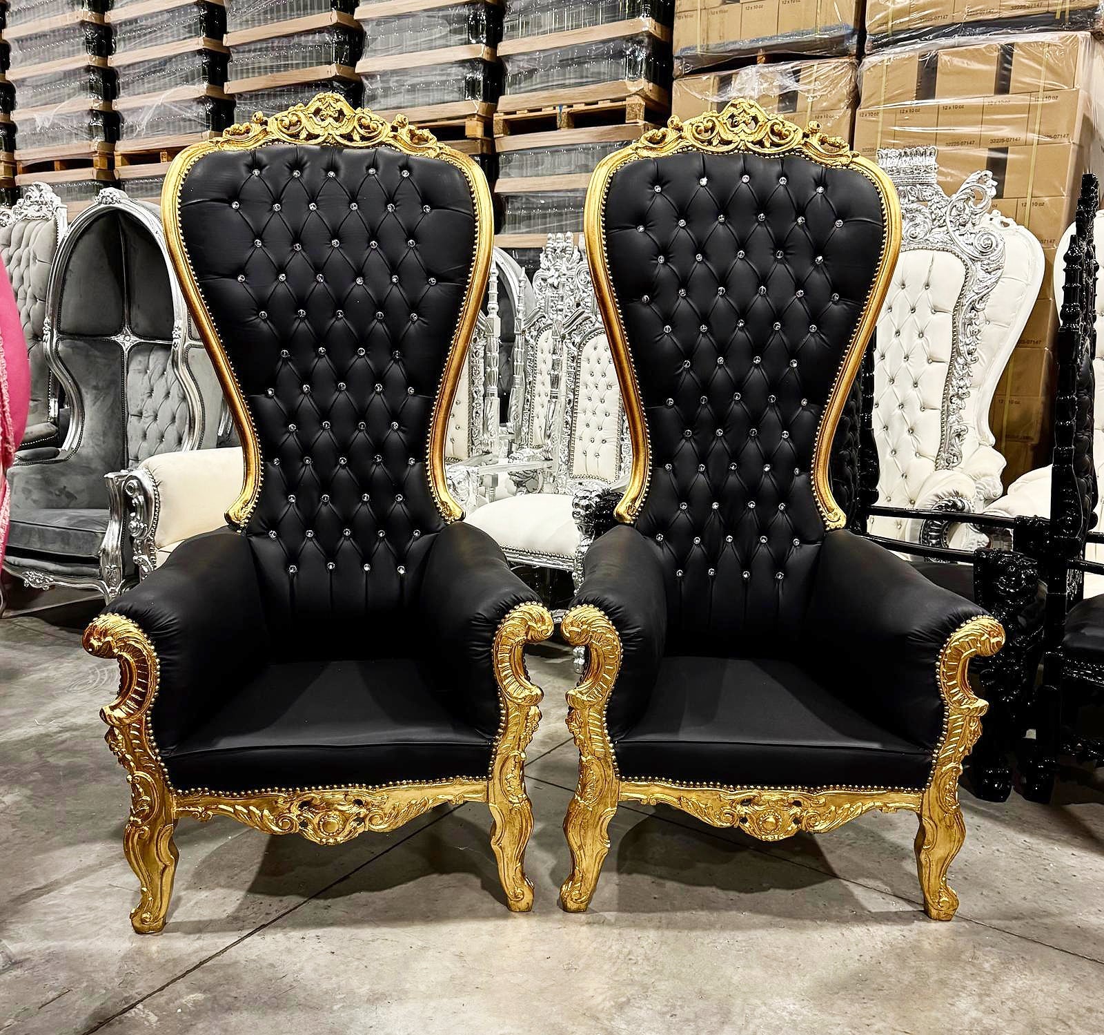 Throne Chair French Style Black Leather High-Back Tufted Gold Throne