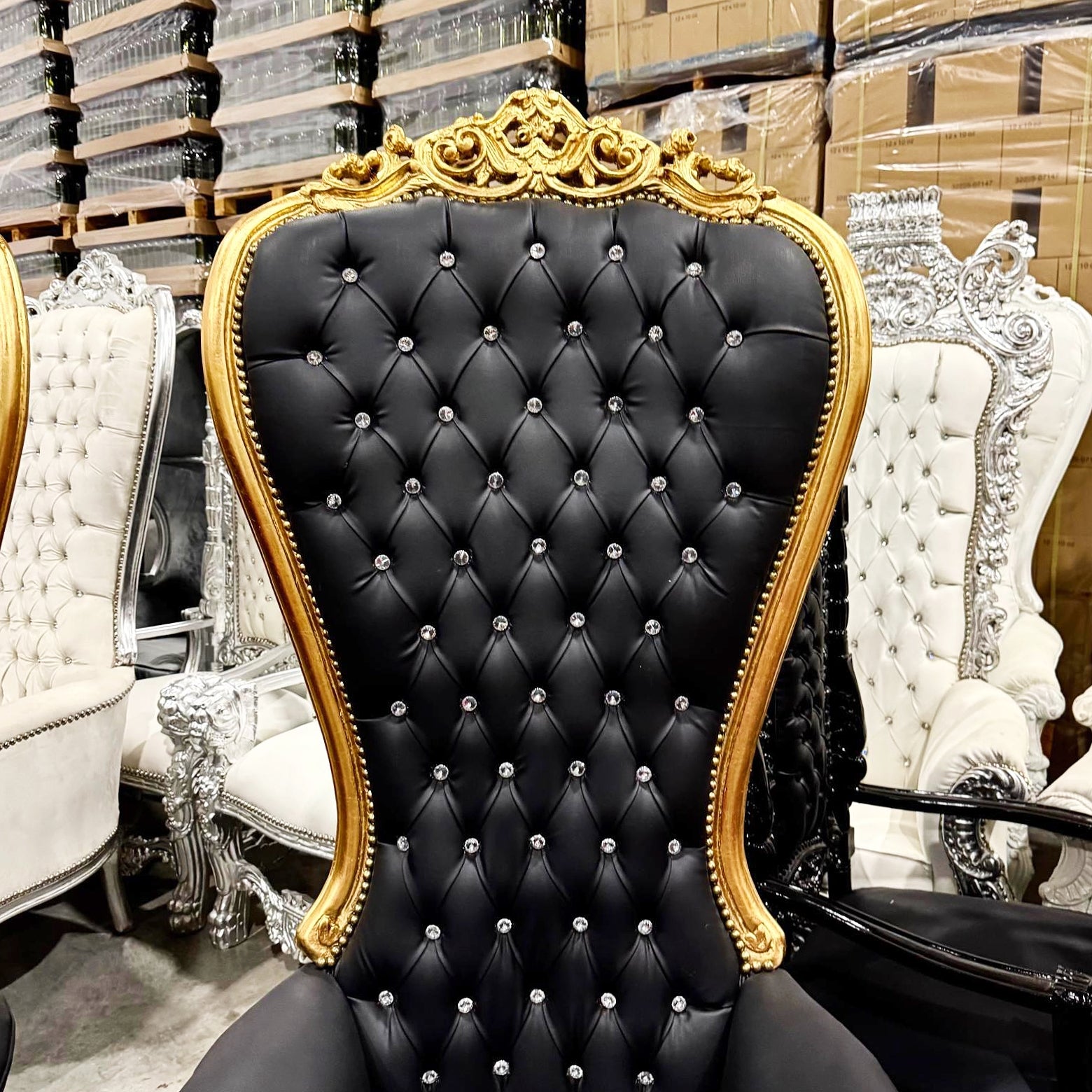 Throne Chair French Style Black Leather High-Back Tufted Gold Throne