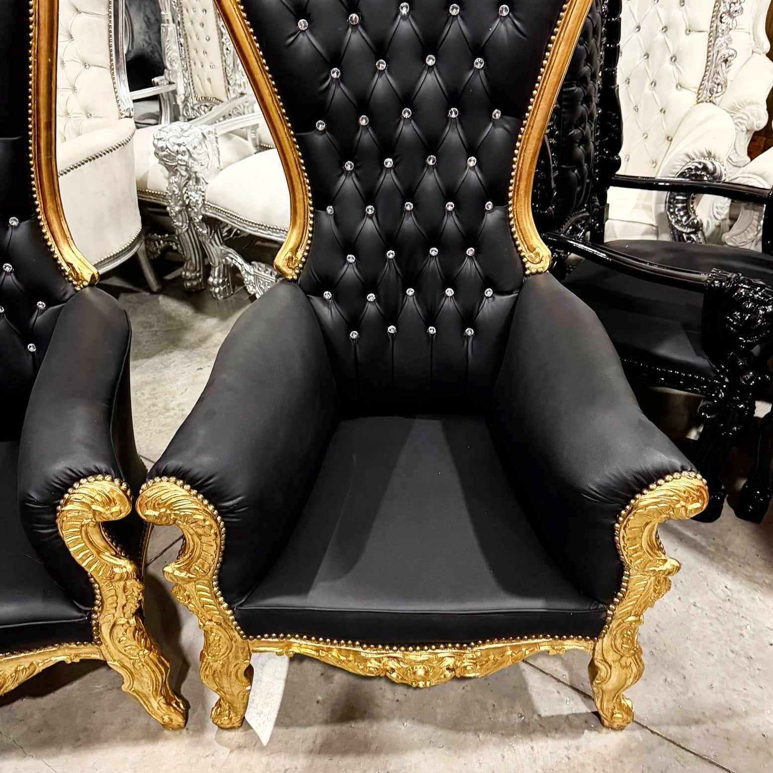Throne Chair French Style Black Leather High-Back Tufted Gold Throne