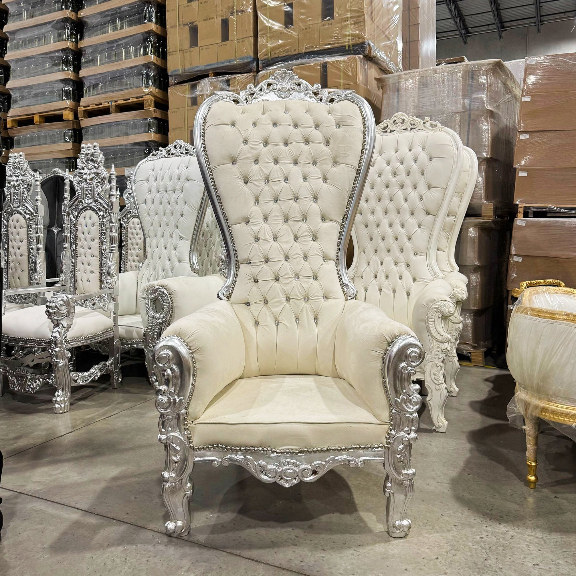 French Style Champagne Velvet Throne Chair – Silver Leaf High-Back Tufted Chair with Crystal Details