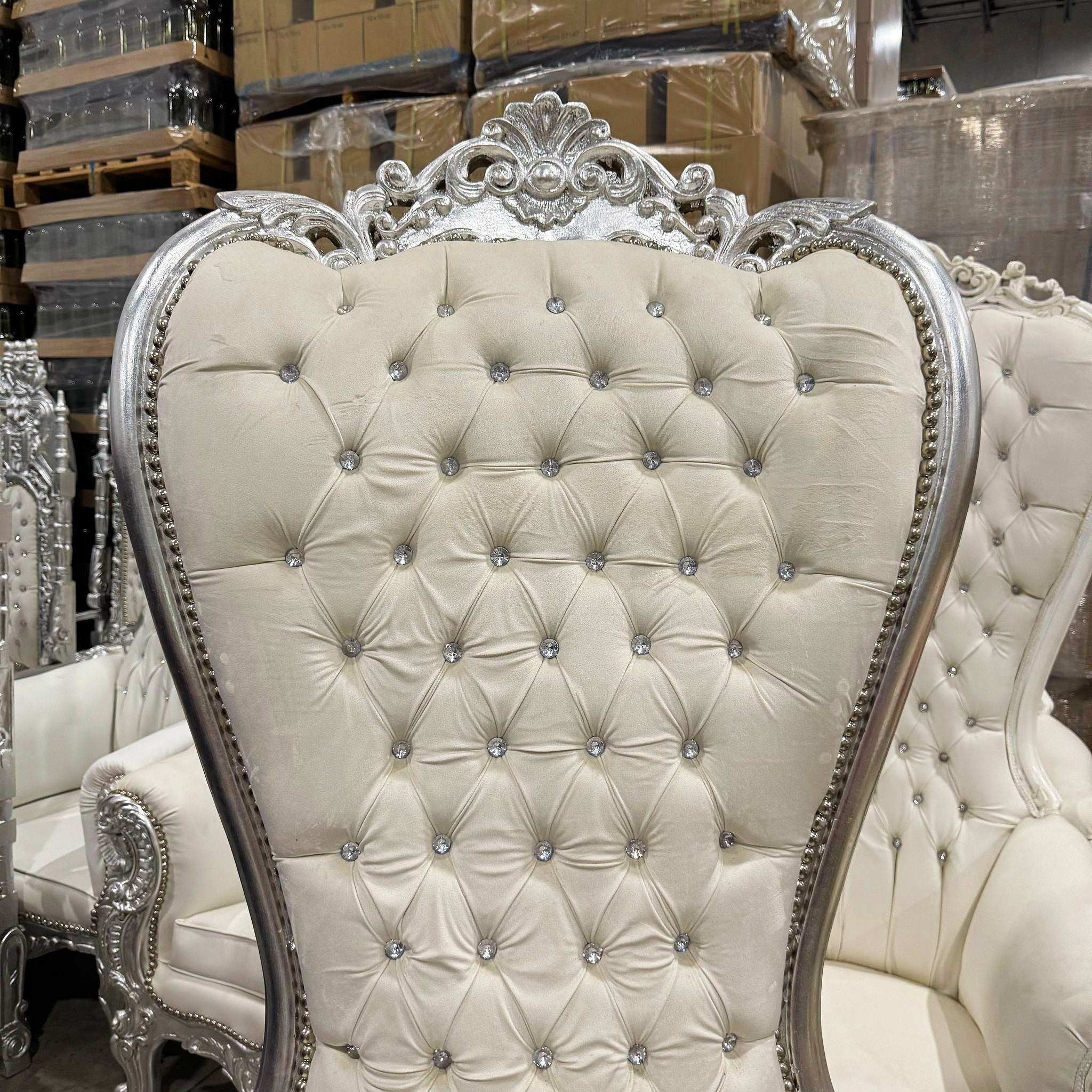 French Style Champagne Velvet Throne Chair – Silver Leaf High-Back Tufted Chair with Crystal Details