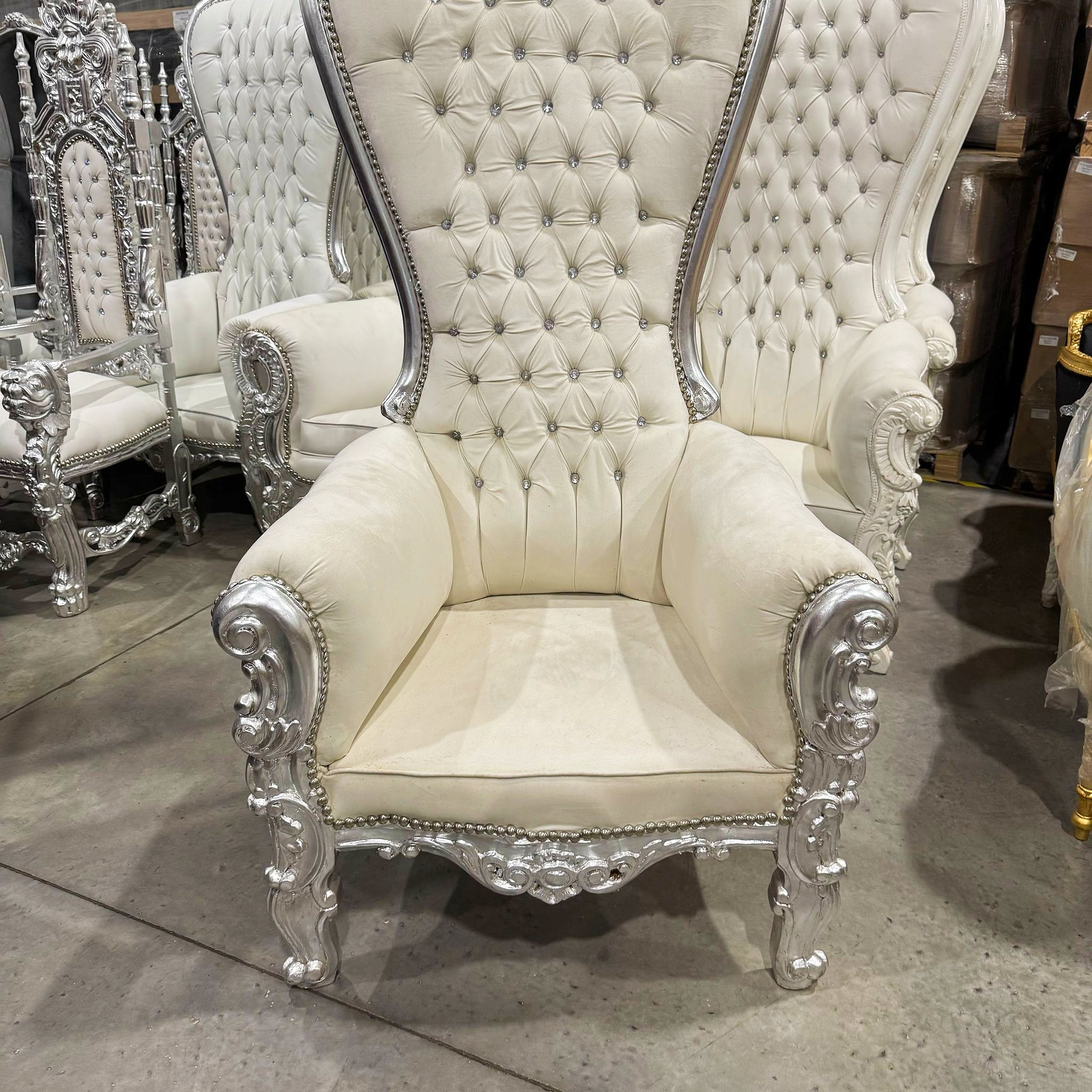French Style Champagne Velvet Throne Chair – Silver Leaf High-Back Tufted Chair with Crystal Details