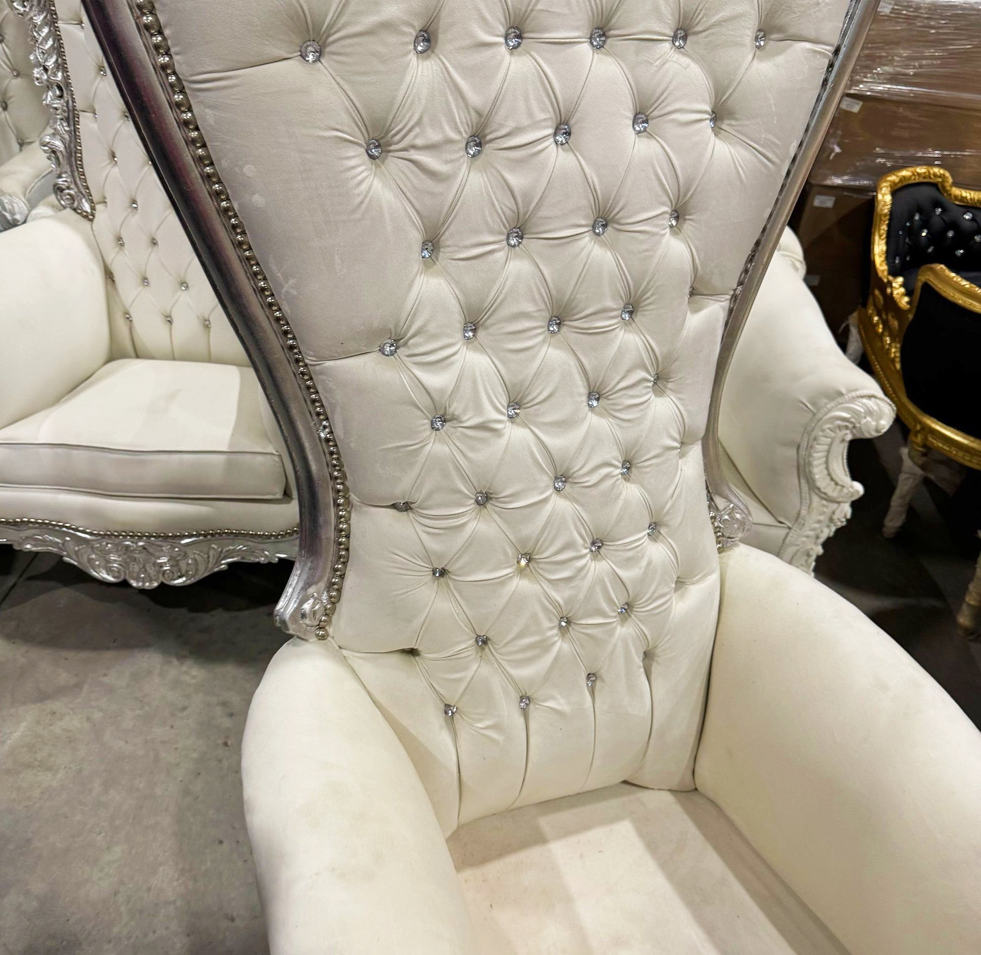 French Style Champagne Velvet Throne Chair – Silver Leaf High-Back Tufted Chair with Crystal Details