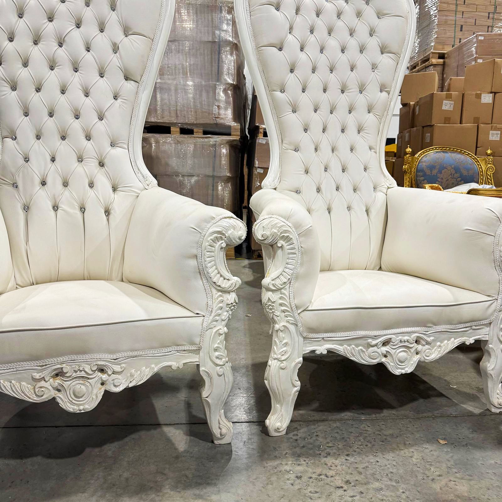 Throne Chair Set French Style White Leather High-Back Tufted
