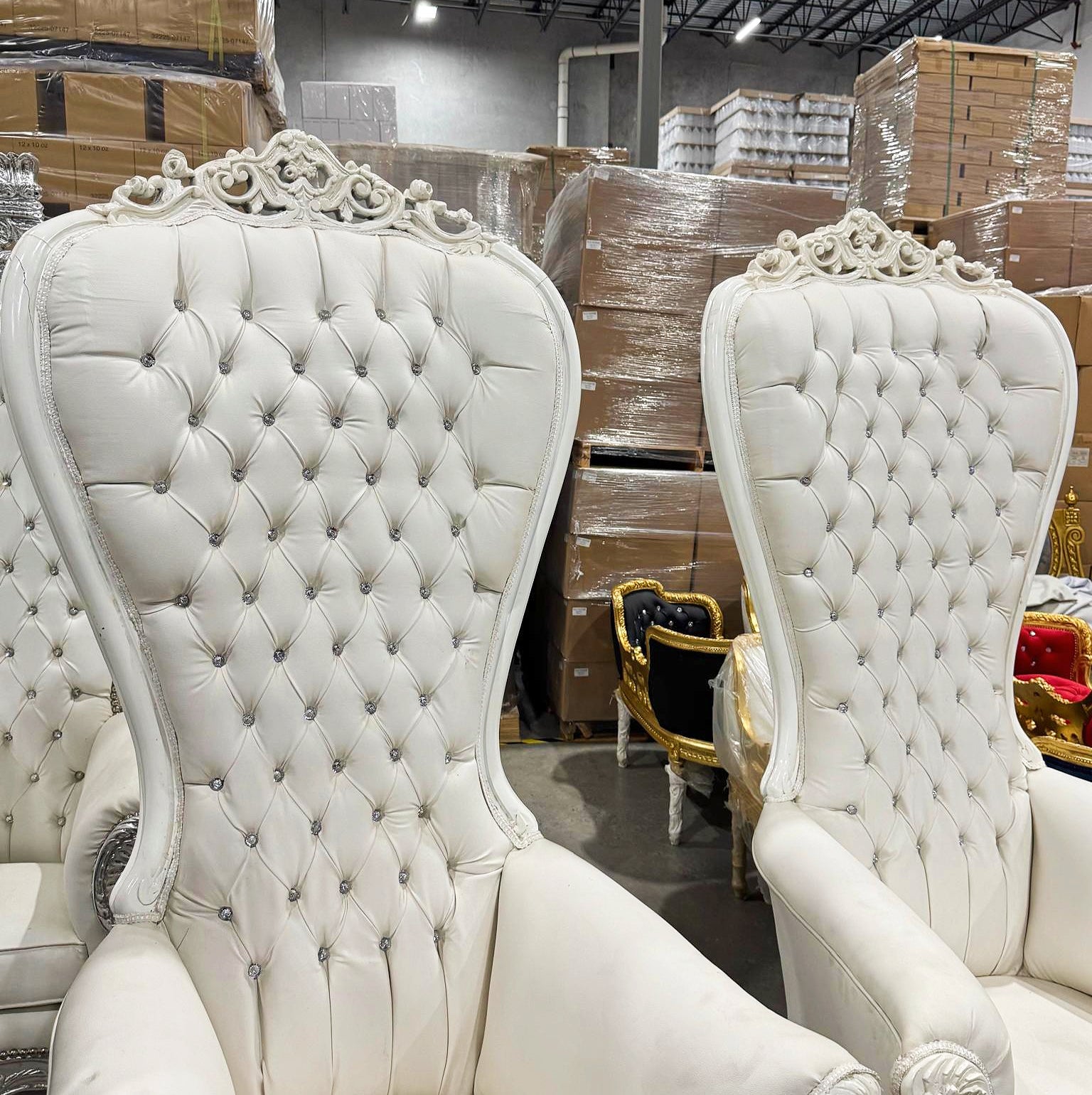 Throne Chair Set French Style White Leather High-Back Tufted