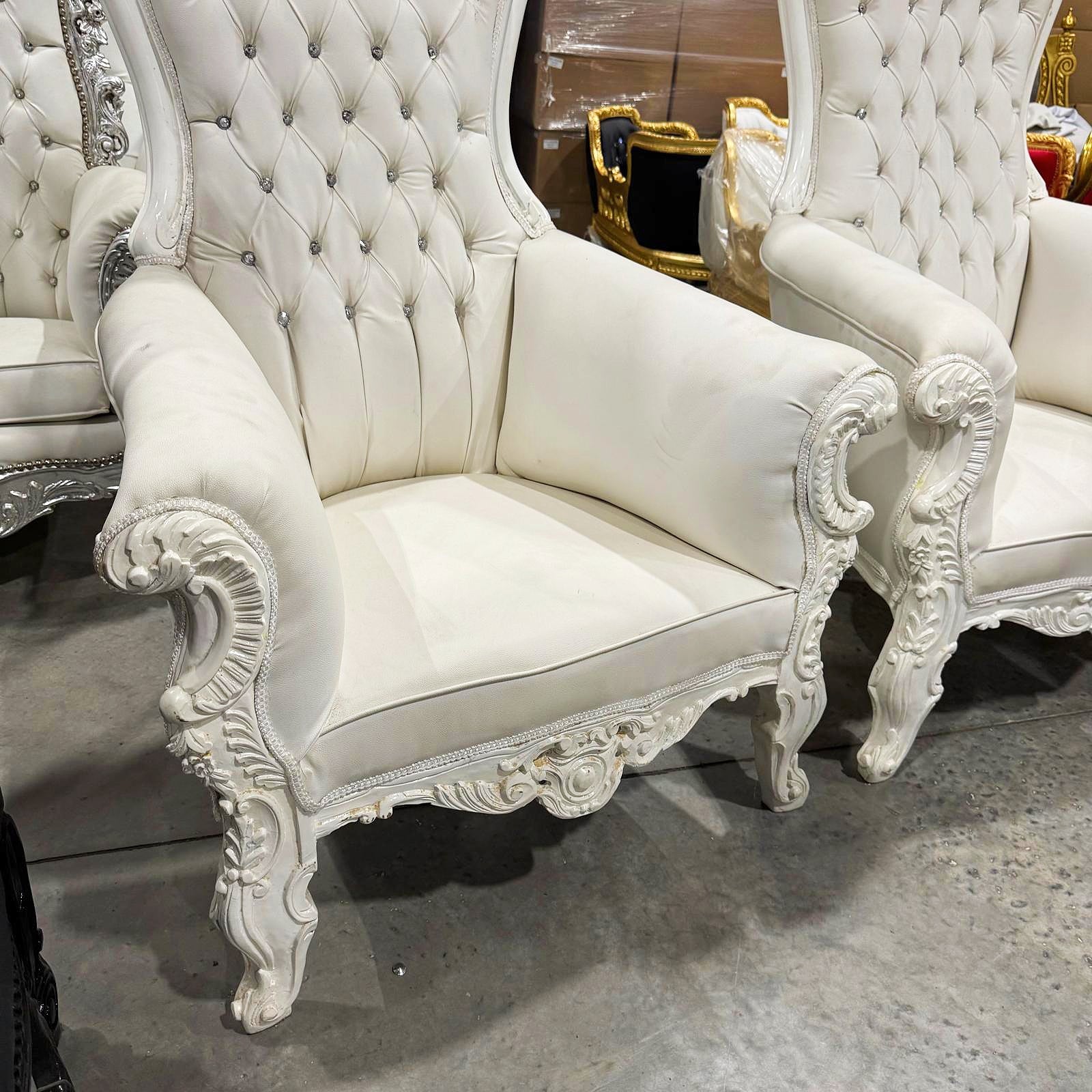 Throne Chair Set French Style White Leather High-Back Tufted