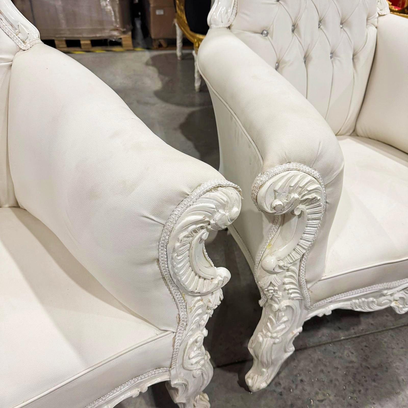 Throne Chair Set French Style White Leather High-Back Tufted