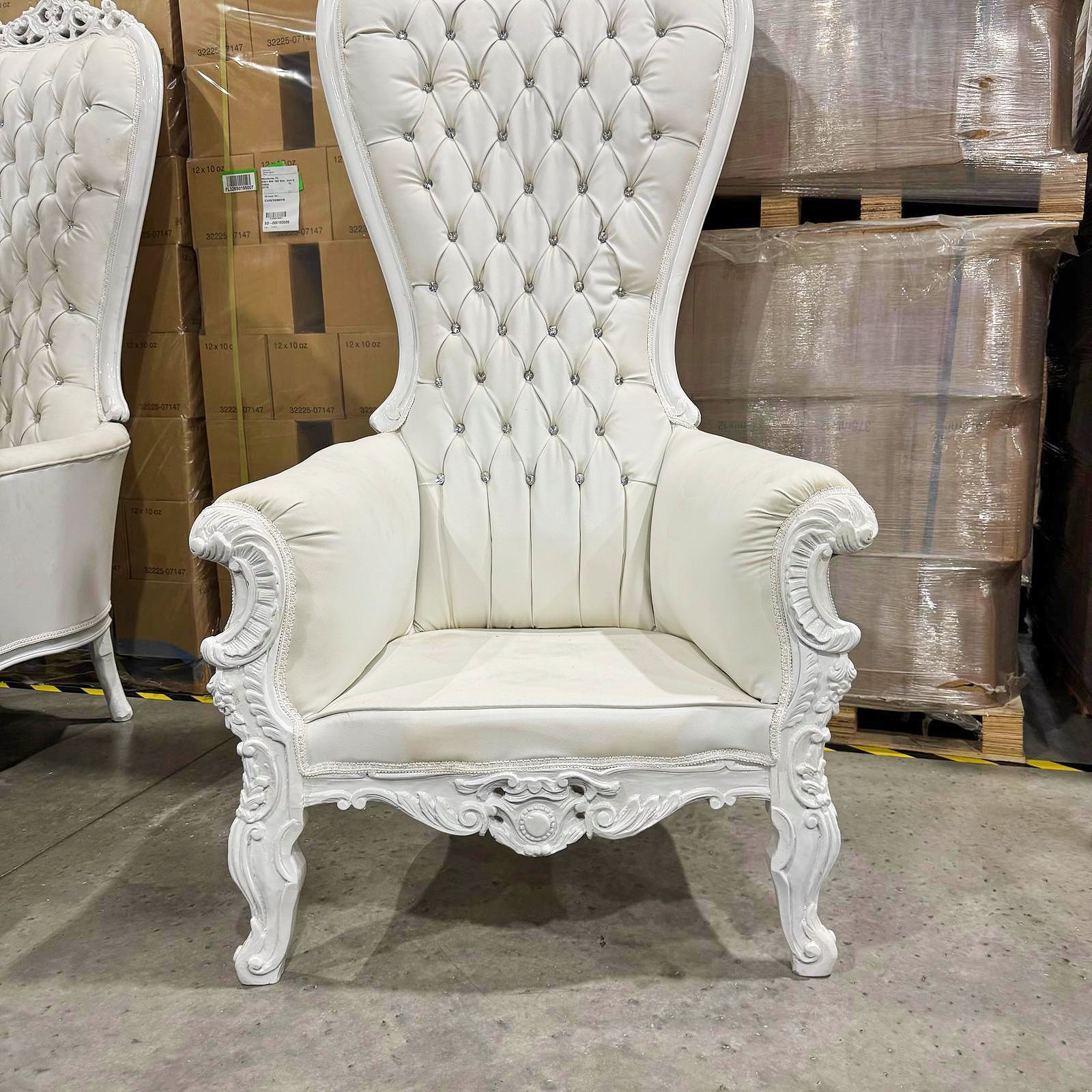 Throne Chair French Style White Leather High-Back Tufted Golden Throne