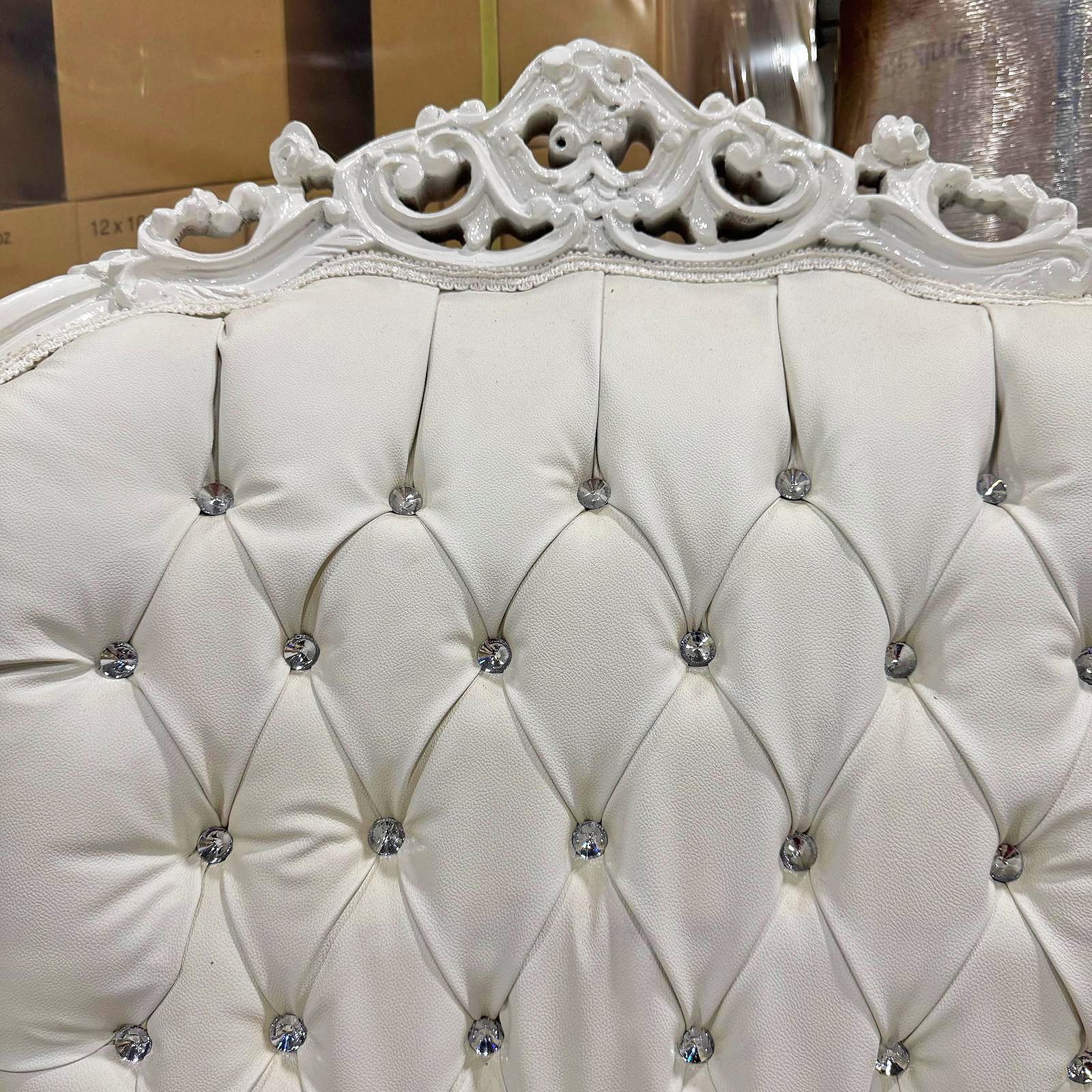 Throne Chair French Style White Leather High-Back Tufted Golden Throne