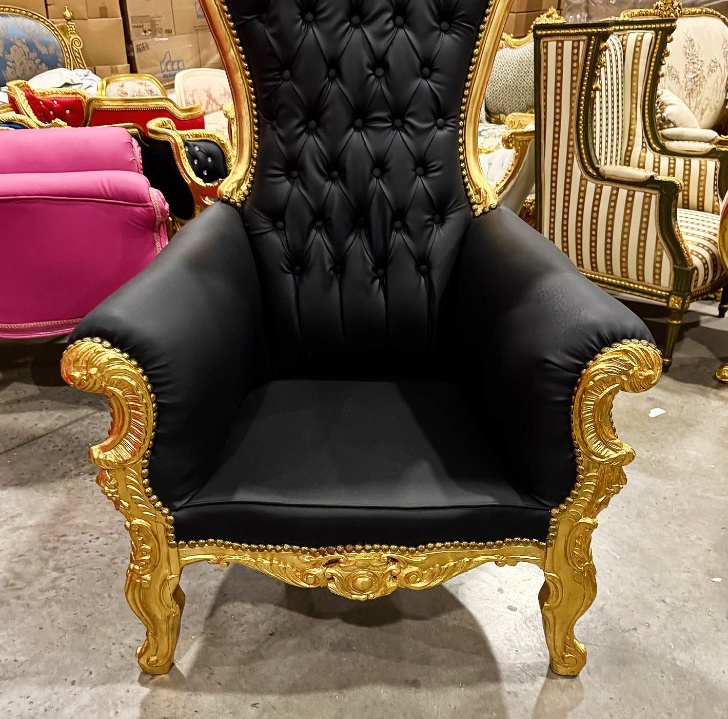 Throne Chair French Style Black Leather High-Back Tufted Gold Leaf Details