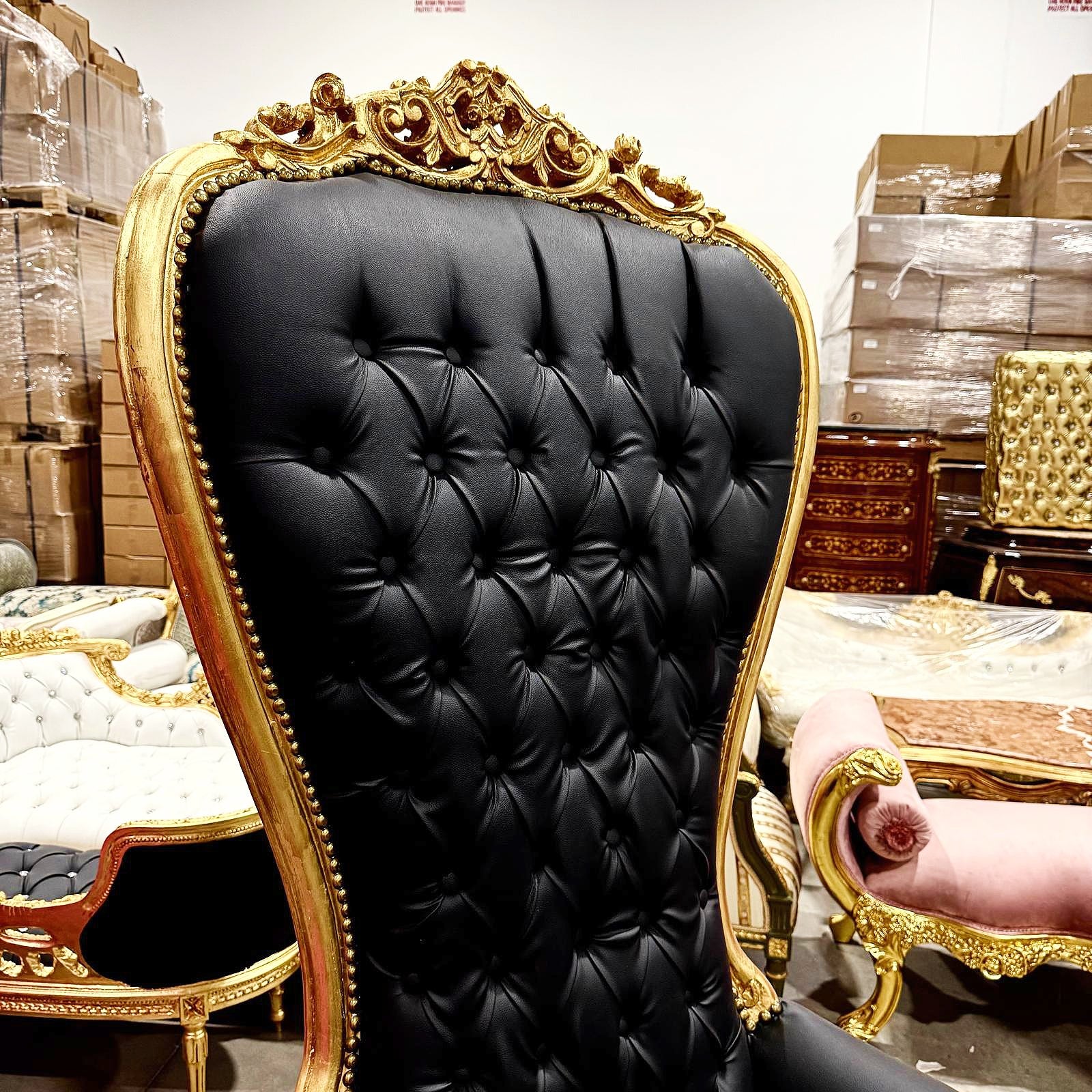 Throne Chair French Style Black Leather High-Back Tufted Gold Leaf Details
