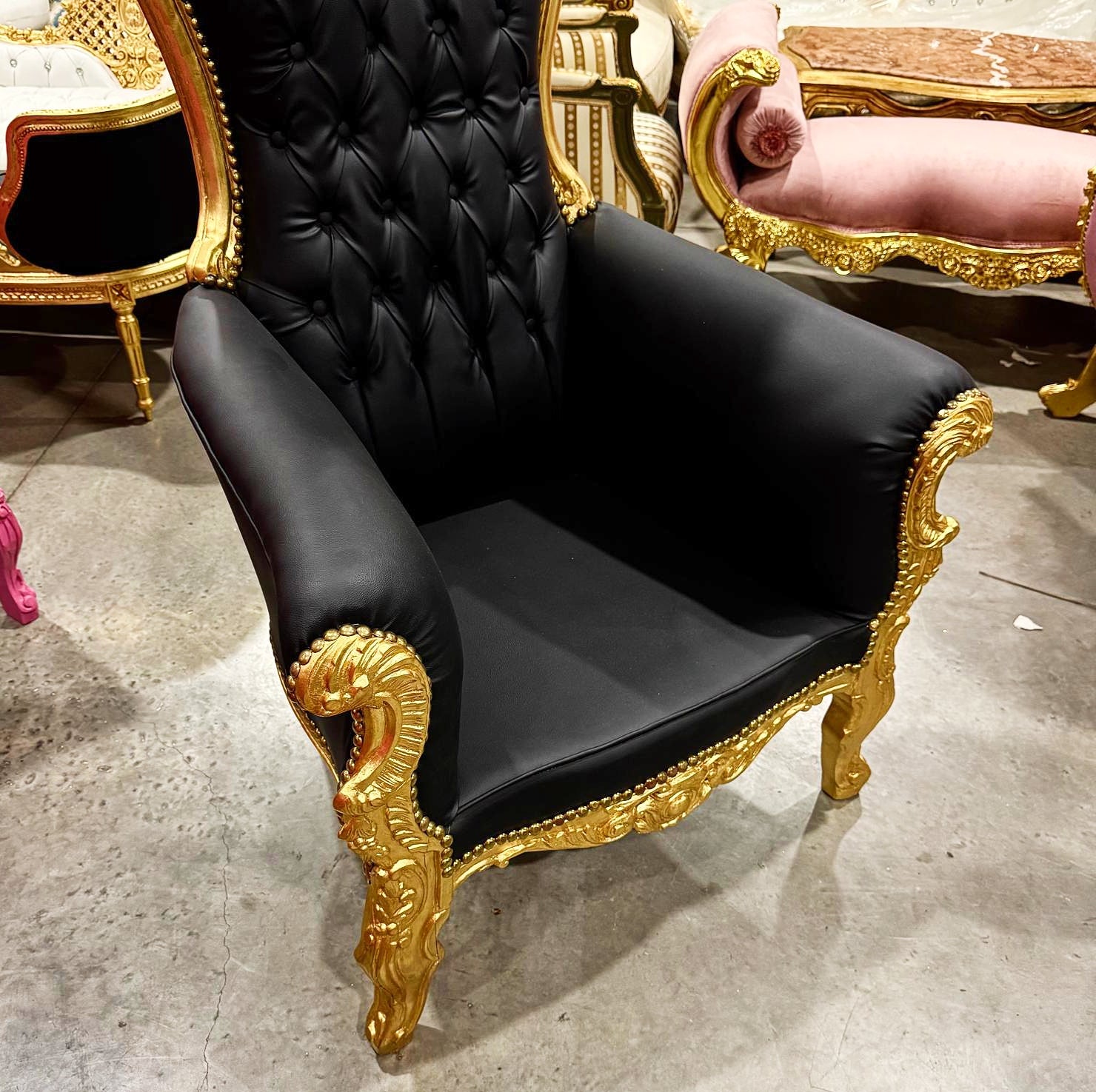 Throne Chair French Style Black Leather High-Back Tufted Gold Leaf Details