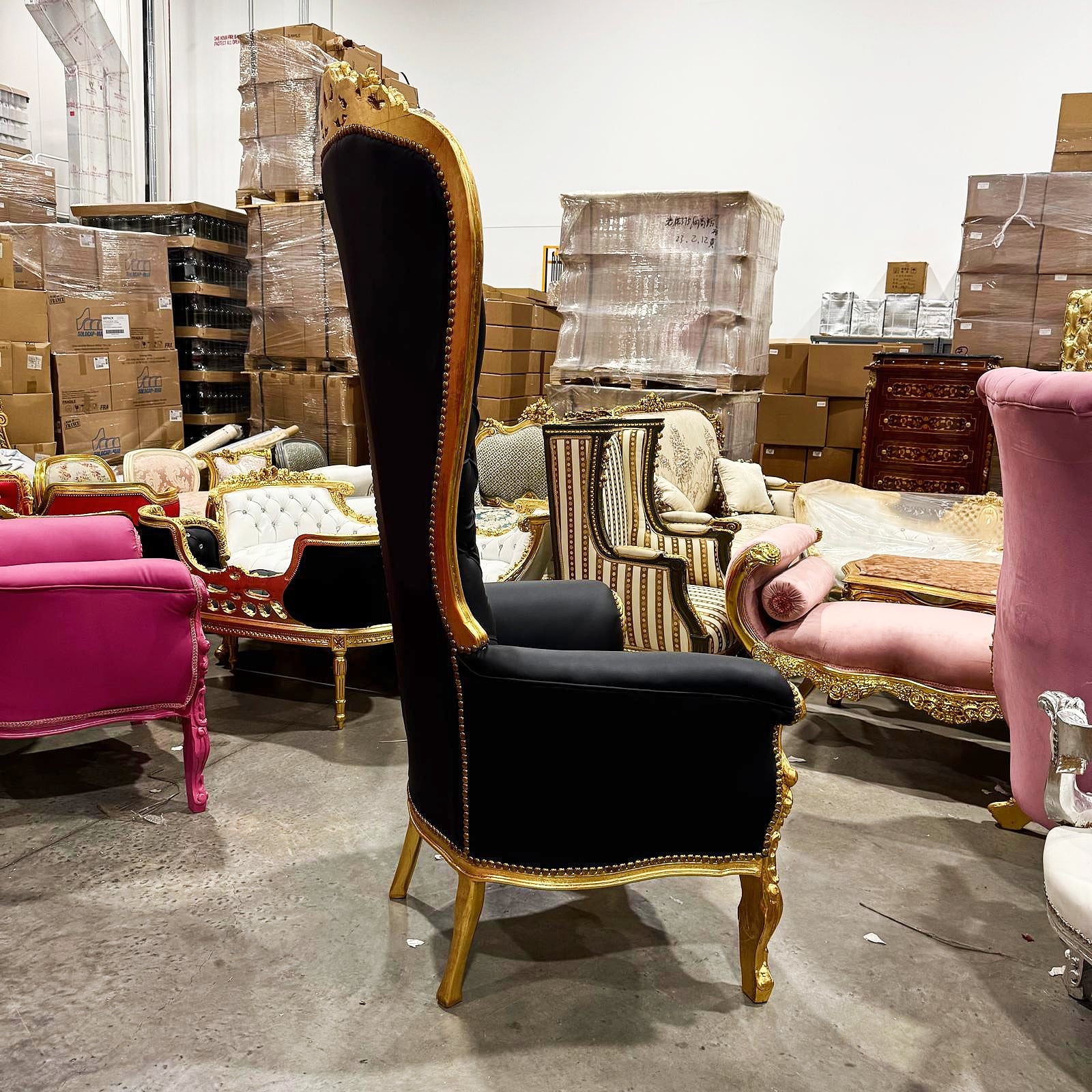 Throne Chair French Style Black Leather High-Back Tufted Gold Leaf Details