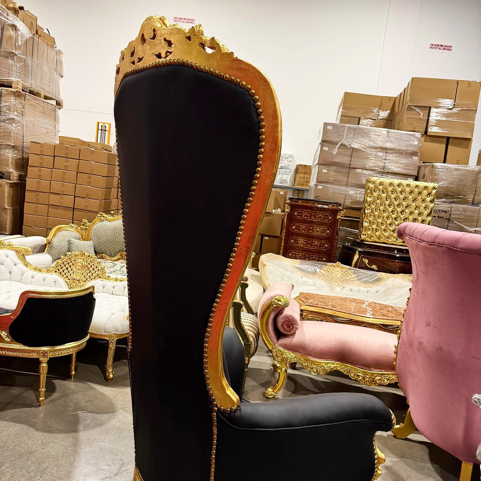 Throne Chair French Style Black Leather High-Back Tufted Gold Leaf Details