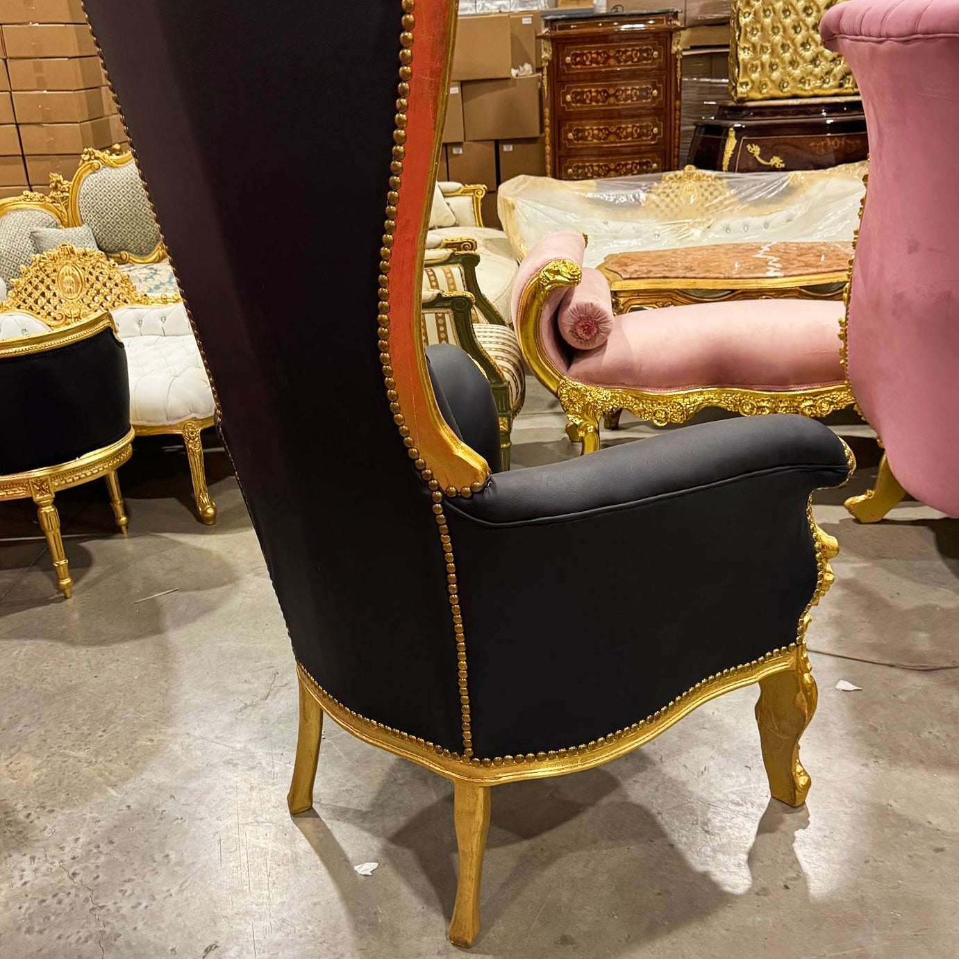 Throne Chair French Style Black Leather High-Back Tufted Gold Leaf Details