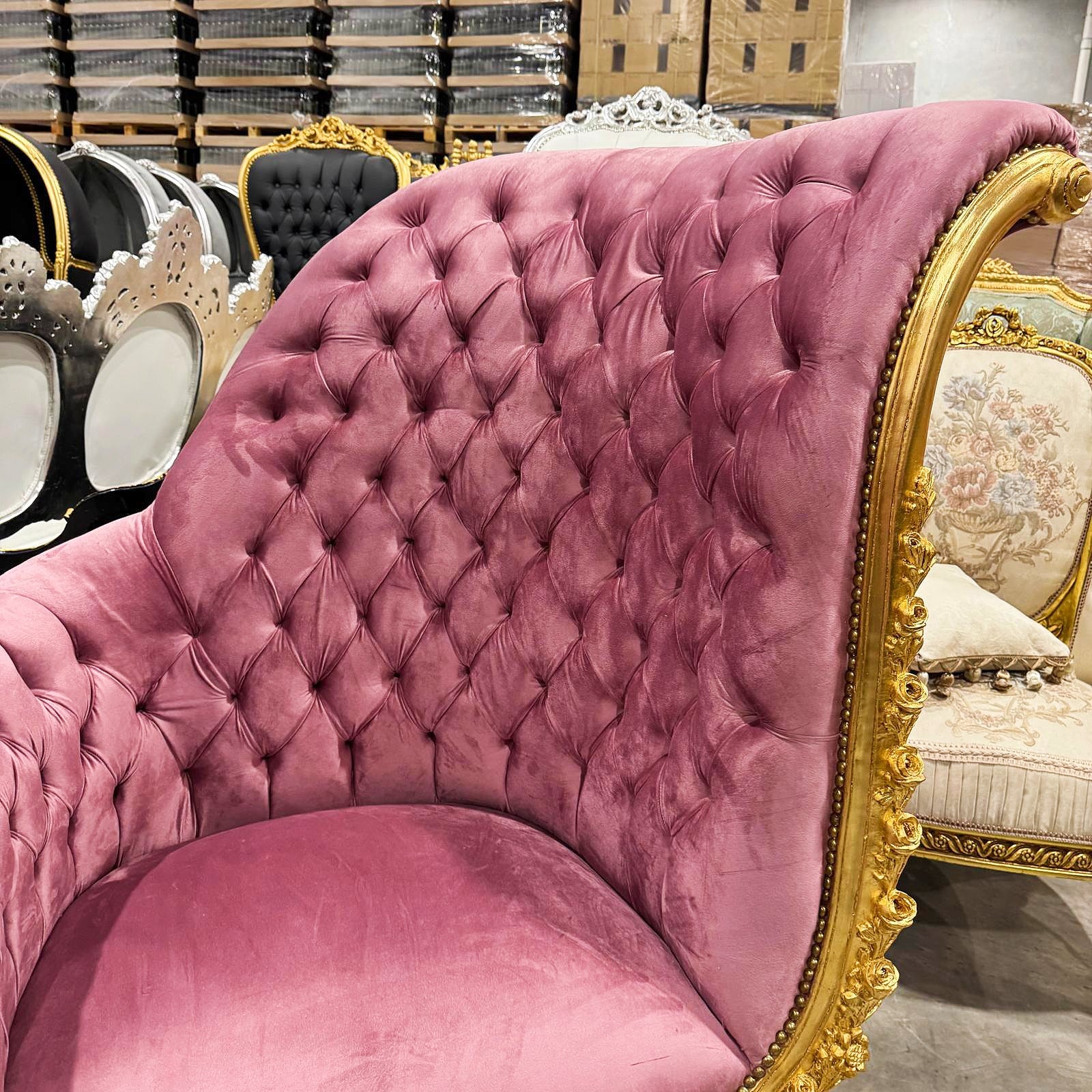 French Style Tufted Chair Pink Velvet Gold Details Rococo Baroque Furniture