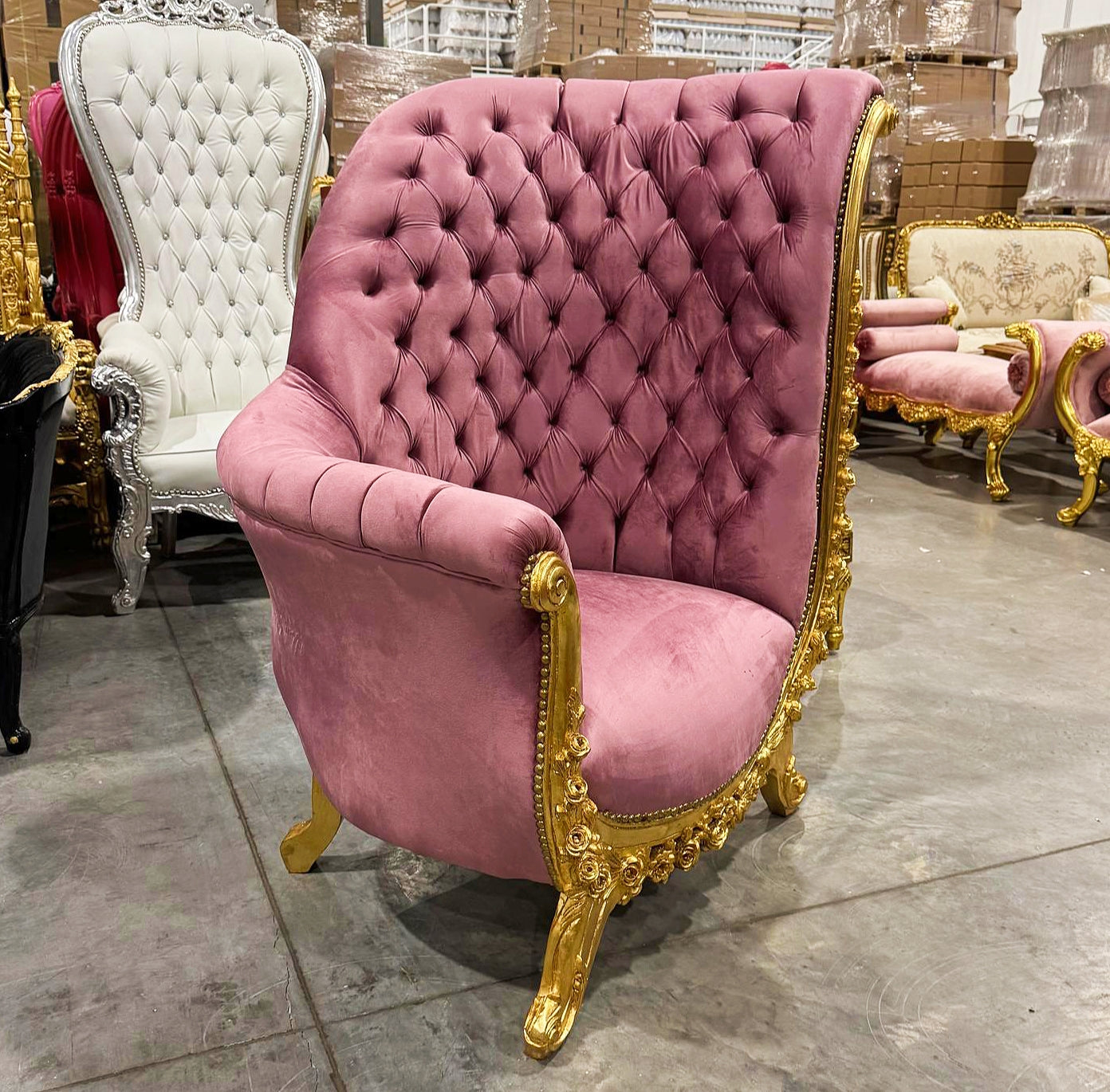 French Style Tufted Chair Pink Velvet Gold Details Rococo Baroque Furniture