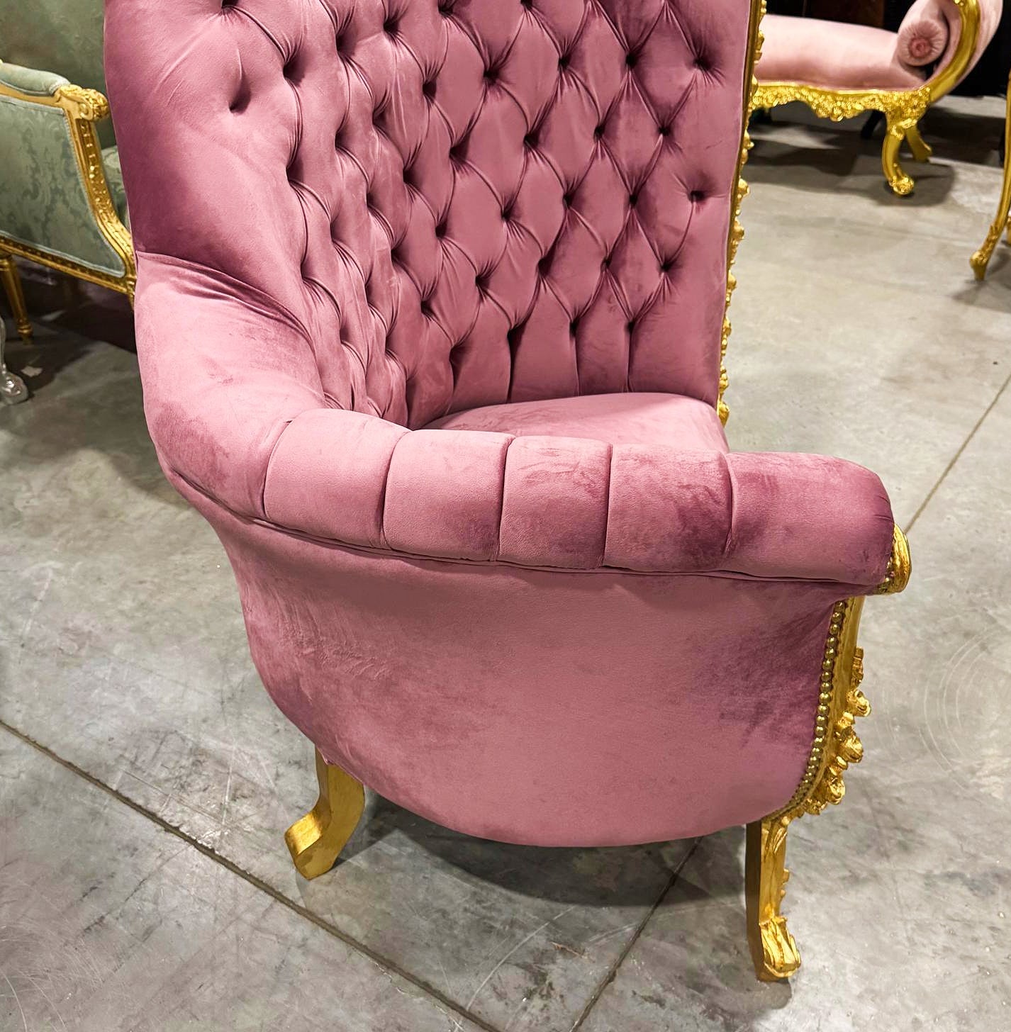 French Style Tufted Chair Pink Velvet Gold Details Rococo Baroque Furniture