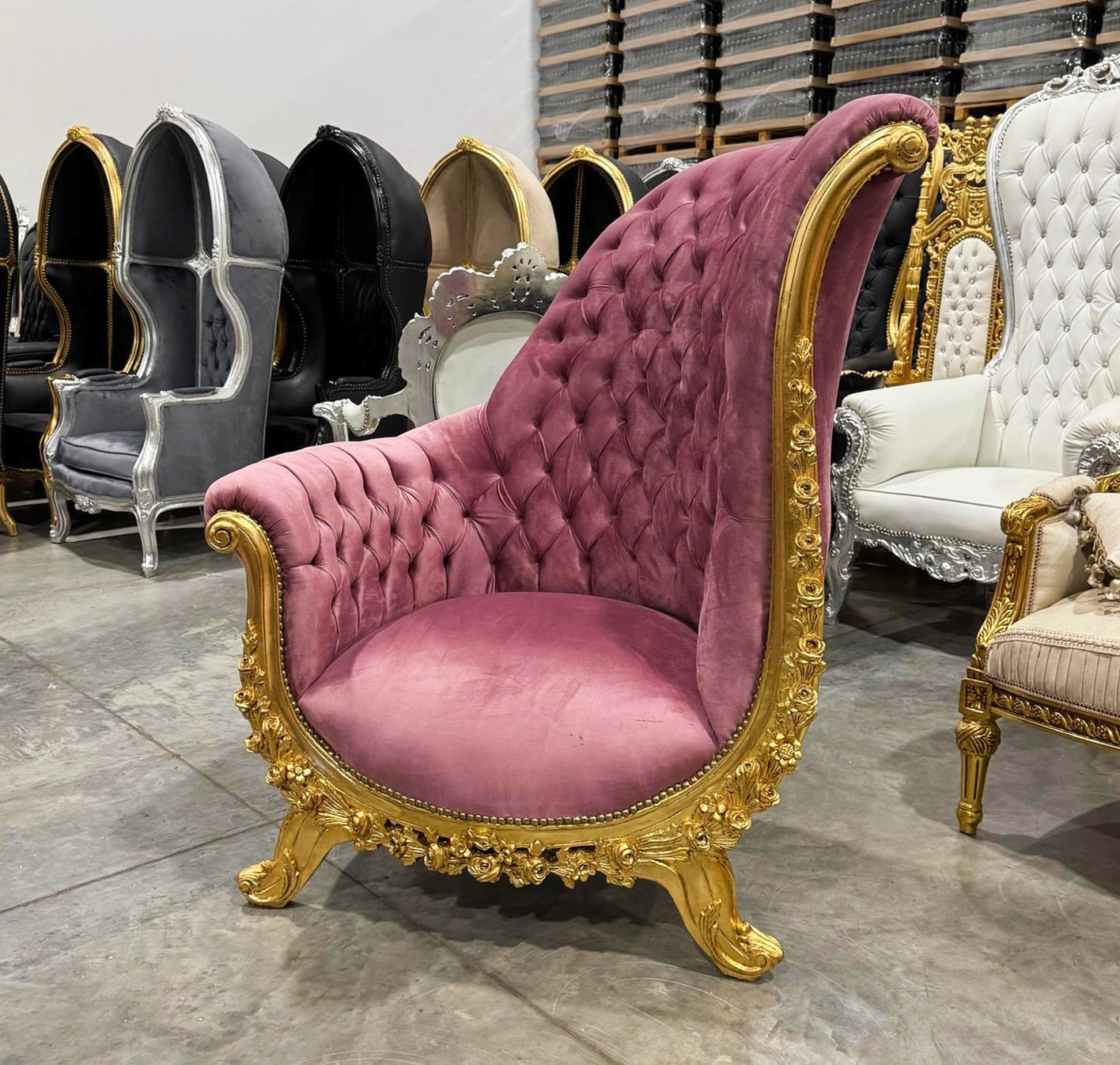 French Style Tufted Chair Pink Velvet Gold Details Rococo Baroque Furniture